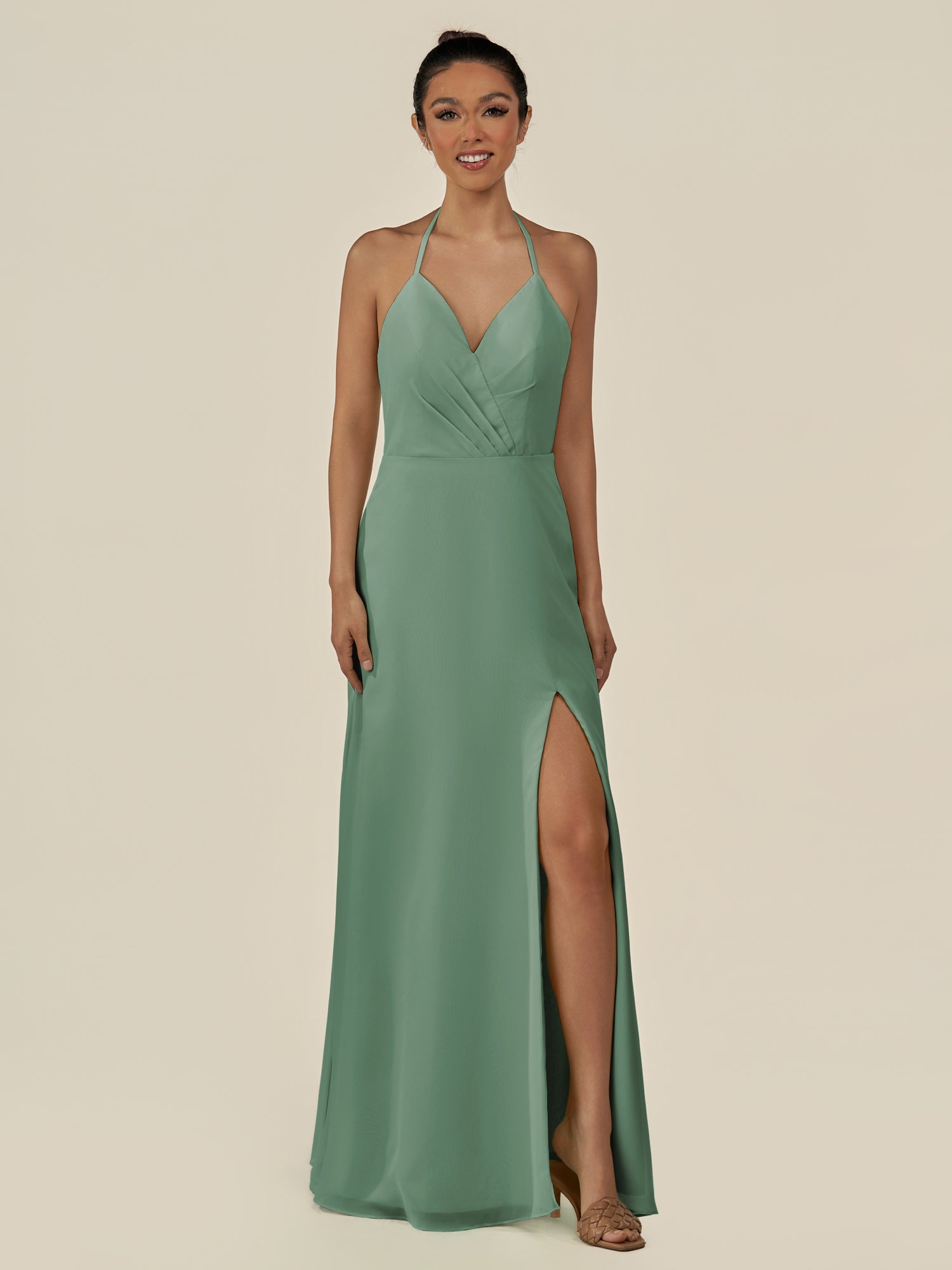 KissDress-Caris Sea Glass A Line Chiffon Halter Neck Pleated Long Bridesmaid Dress with Slit