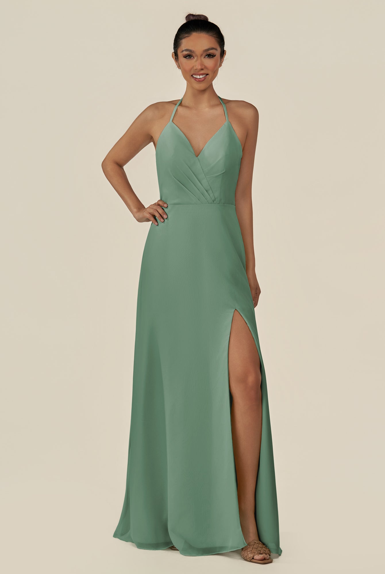 KissDress-Caris Sea Glass A Line Chiffon Halter Neck Pleated Long Bridesmaid Dress with Slit