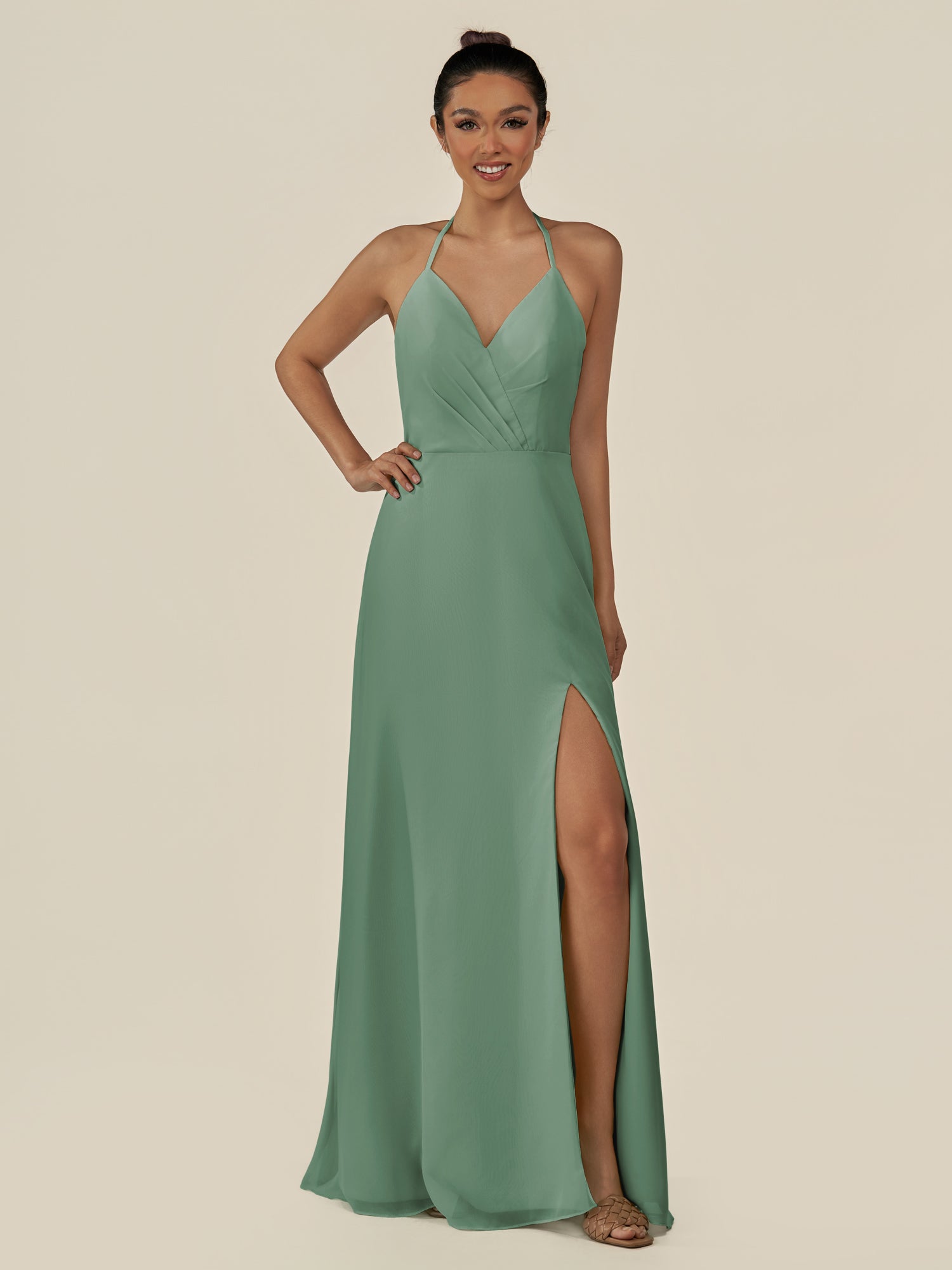 KissDress-Caris Sea Glass A Line Chiffon Halter Neck Pleated Long Bridesmaid Dress with Slit