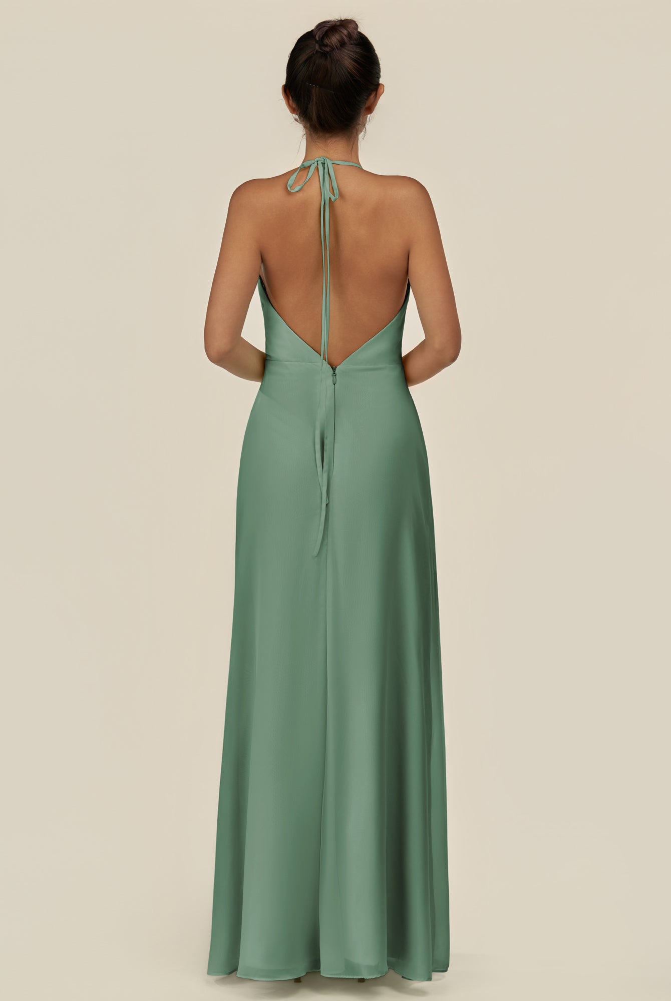 KissDress-Caris Sea Glass A Line Chiffon Halter Neck Pleated Long Bridesmaid Dress with Slit