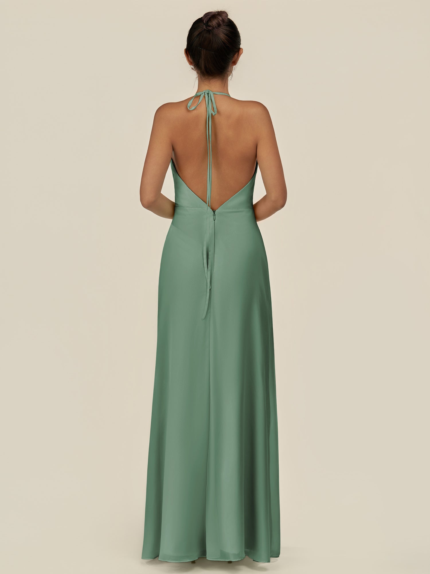 KissDress-Caris Sea Glass A Line Chiffon Halter Neck Pleated Long Bridesmaid Dress with Slit