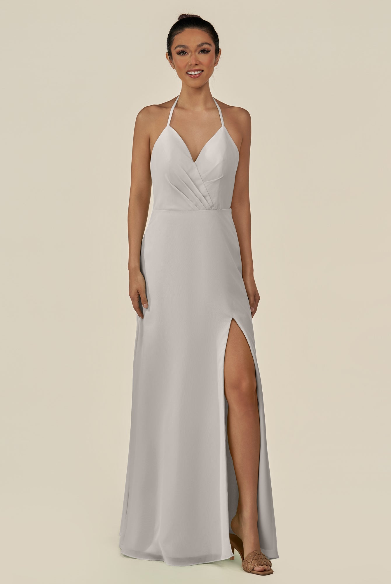 KissDress-Caris Silver A Line Chiffon Halter Neck Pleated Long Bridesmaid Dress with Slit