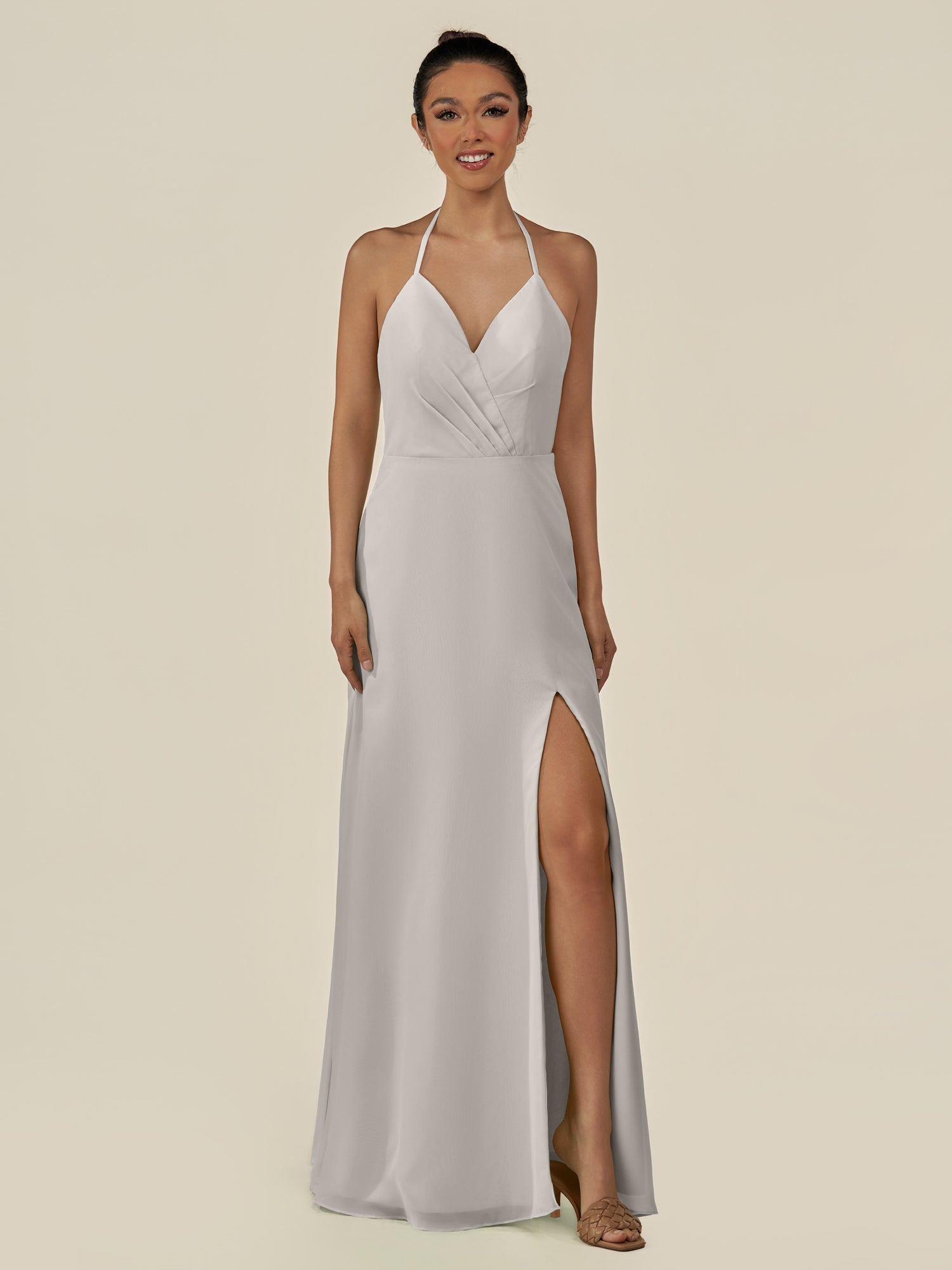 KissDress-Caris Silver A Line Chiffon Halter Neck Pleated Long Bridesmaid Dress with Slit
