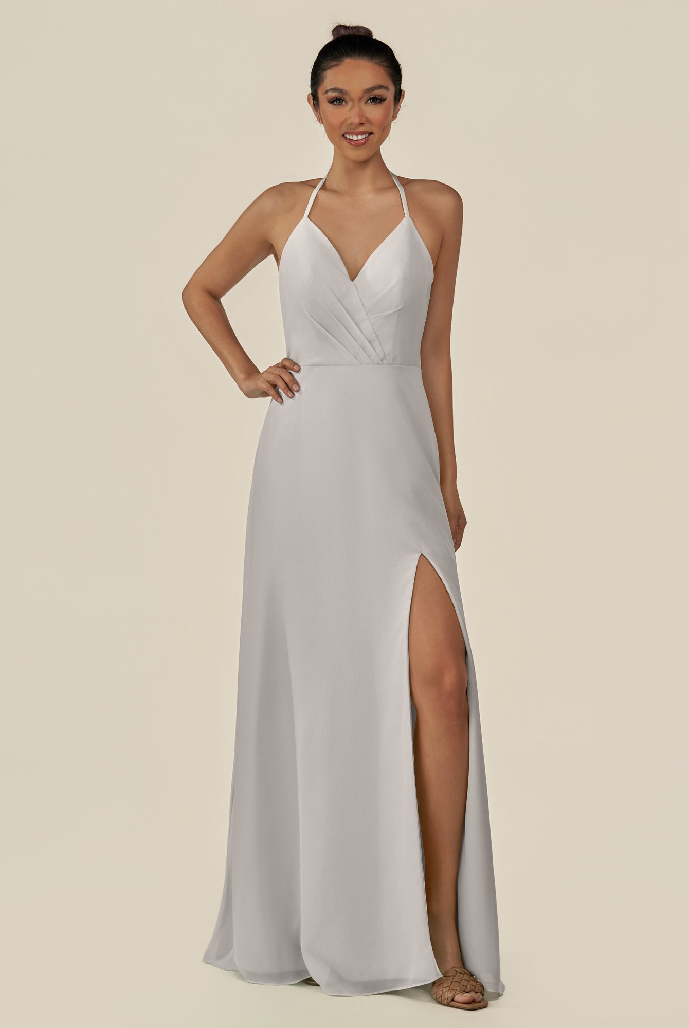 KissDress-Caris Silver A Line Chiffon Halter Neck Pleated Long Bridesmaid Dress with Slit