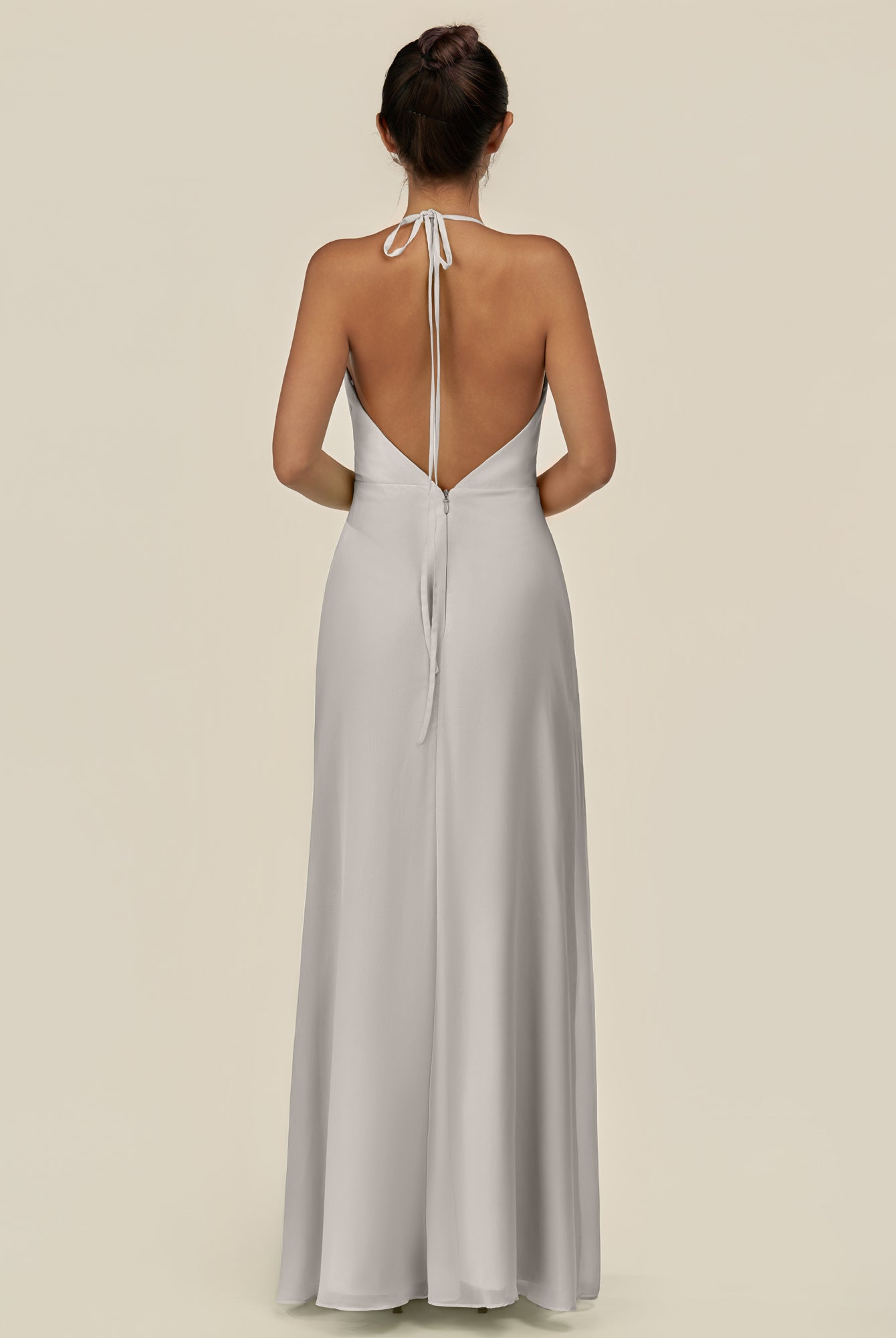 KissDress-Caris Silver A Line Chiffon Halter Neck Pleated Long Bridesmaid Dress with Slit