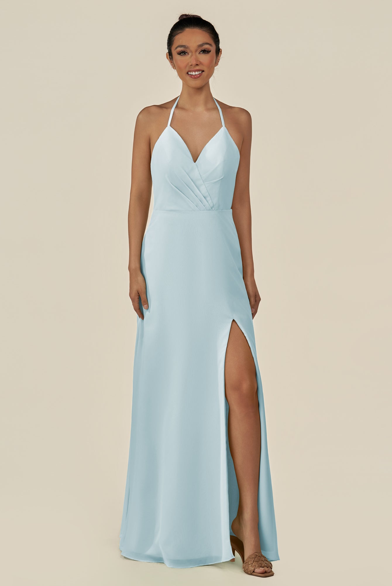 KissDress-Caris Sky Blue A Line Chiffon Halter Neck Pleated Long Bridesmaid Dress with Slit