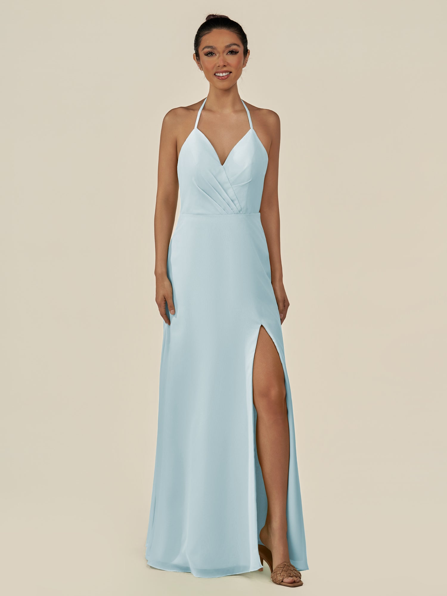 KissDress-Caris Sky Blue A Line Chiffon Halter Neck Pleated Long Bridesmaid Dress with Slit