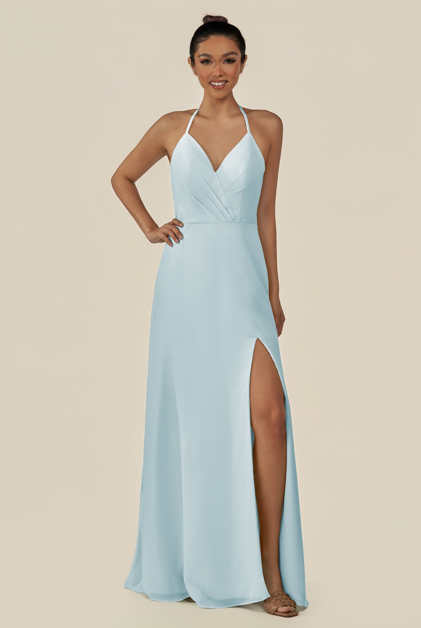 KissDress-Caris Sky Blue A Line Chiffon Halter Neck Pleated Long Bridesmaid Dress with Slit