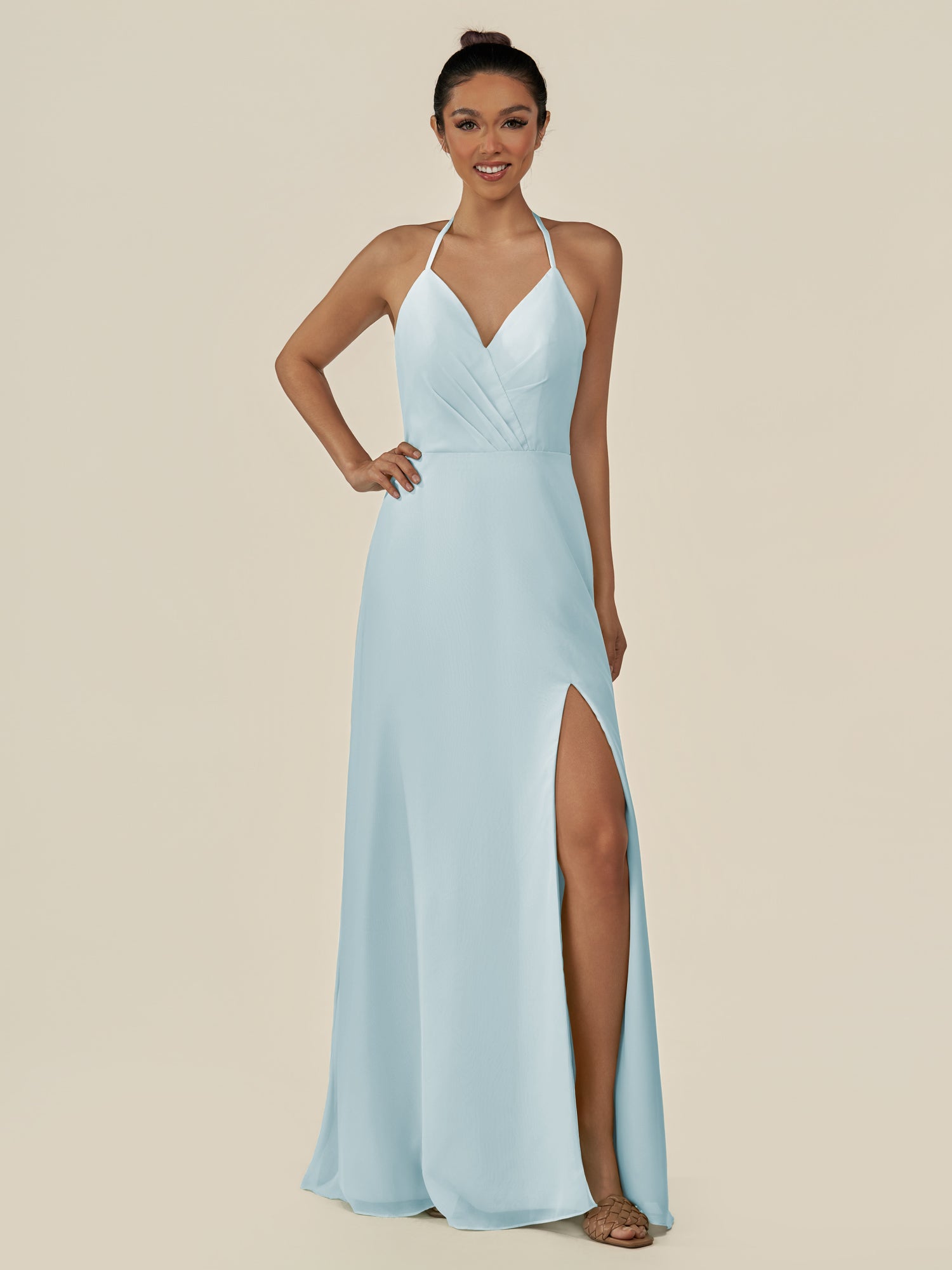 KissDress-Caris Sky Blue A Line Chiffon Halter Neck Pleated Long Bridesmaid Dress with Slit