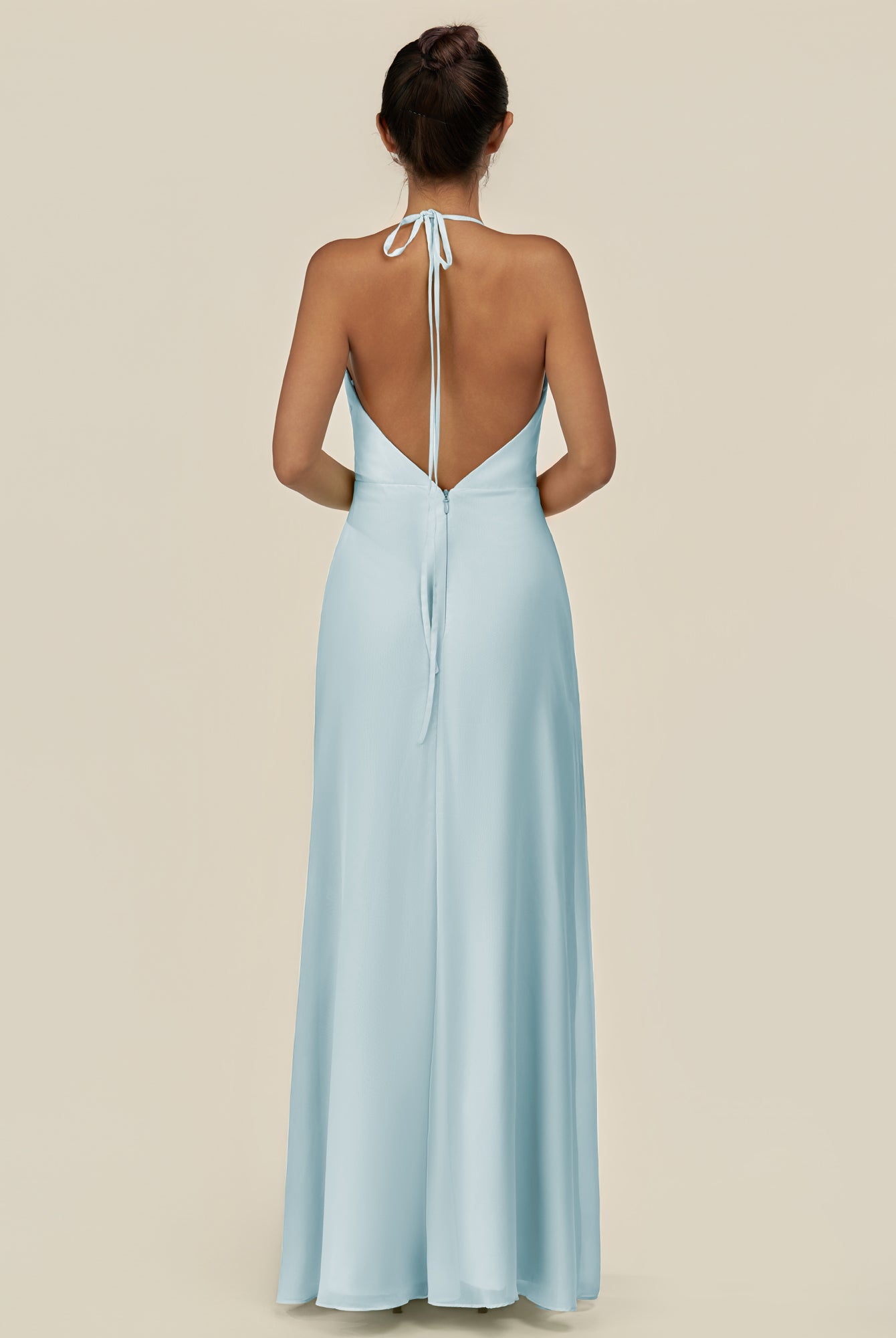 KissDress-Caris Sky Blue A Line Chiffon Halter Neck Pleated Long Bridesmaid Dress with Slit