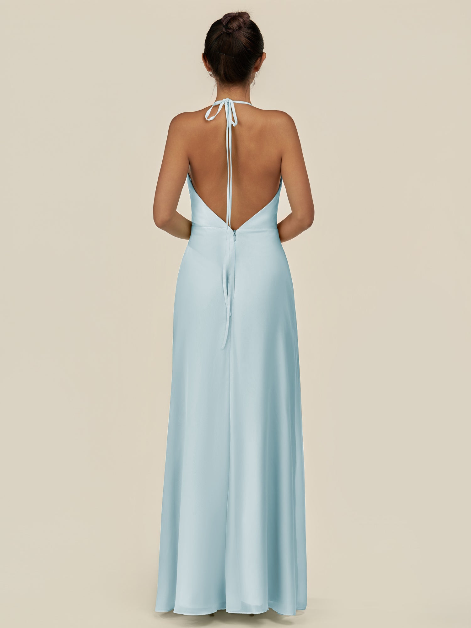 KissDress-Caris Sky Blue A Line Chiffon Halter Neck Pleated Long Bridesmaid Dress with Slit