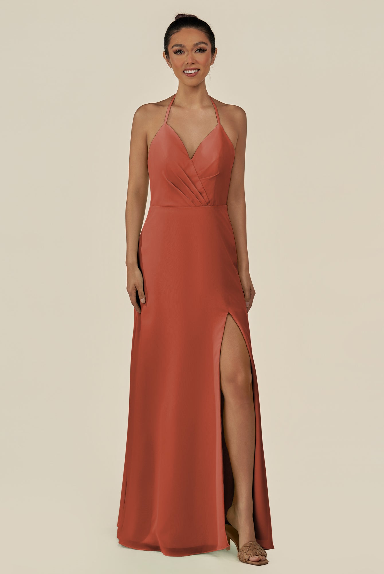 KissDress-Caris Spice A Line Chiffon Halter Neck Pleated Long Bridesmaid Dress with Slit