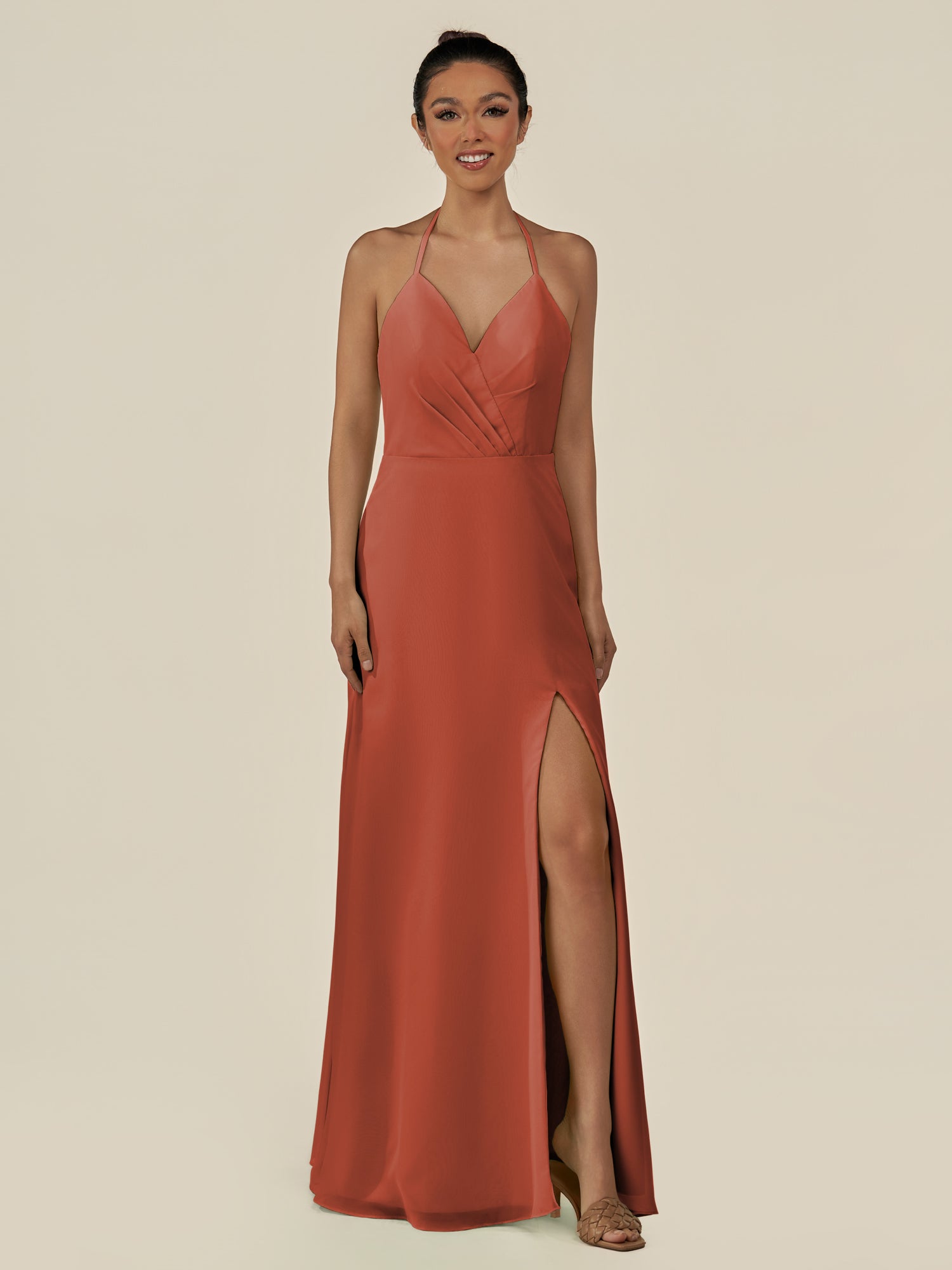 KissDress-Caris Spice A Line Chiffon Halter Neck Pleated Long Bridesmaid Dress with Slit