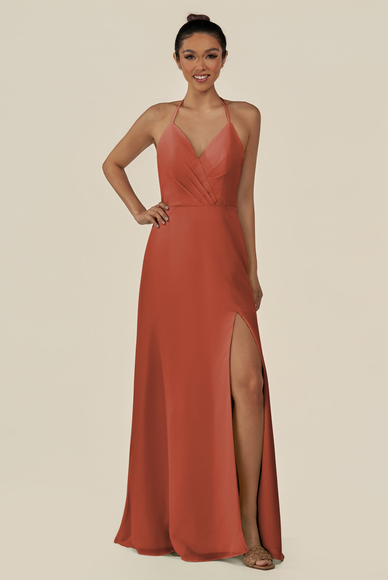 KissDress-Caris Spice A Line Chiffon Halter Neck Pleated Long Bridesmaid Dress with Slit