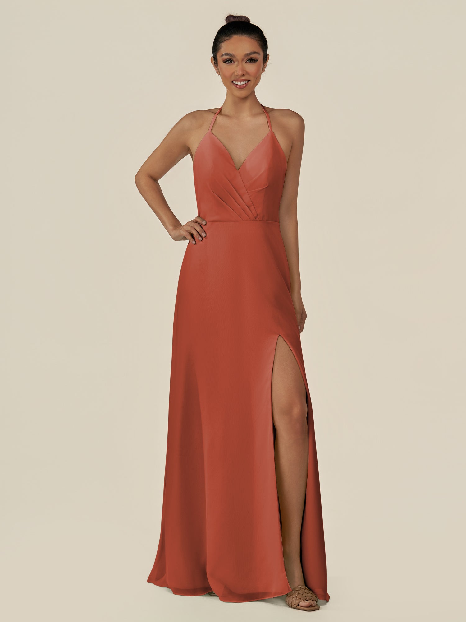 KissDress-Caris Spice A Line Chiffon Halter Neck Pleated Long Bridesmaid Dress with Slit