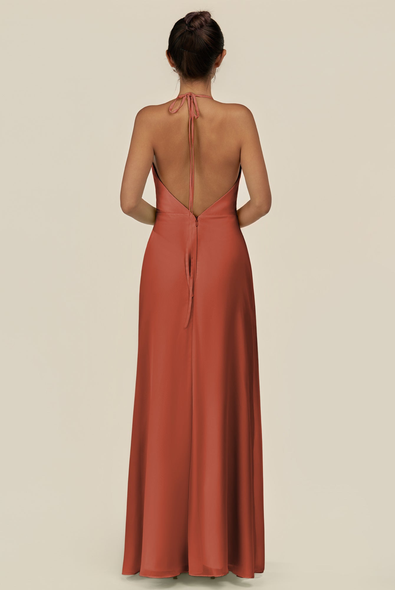 KissDress-Caris Spice A Line Chiffon Halter Neck Pleated Long Bridesmaid Dress with Slit