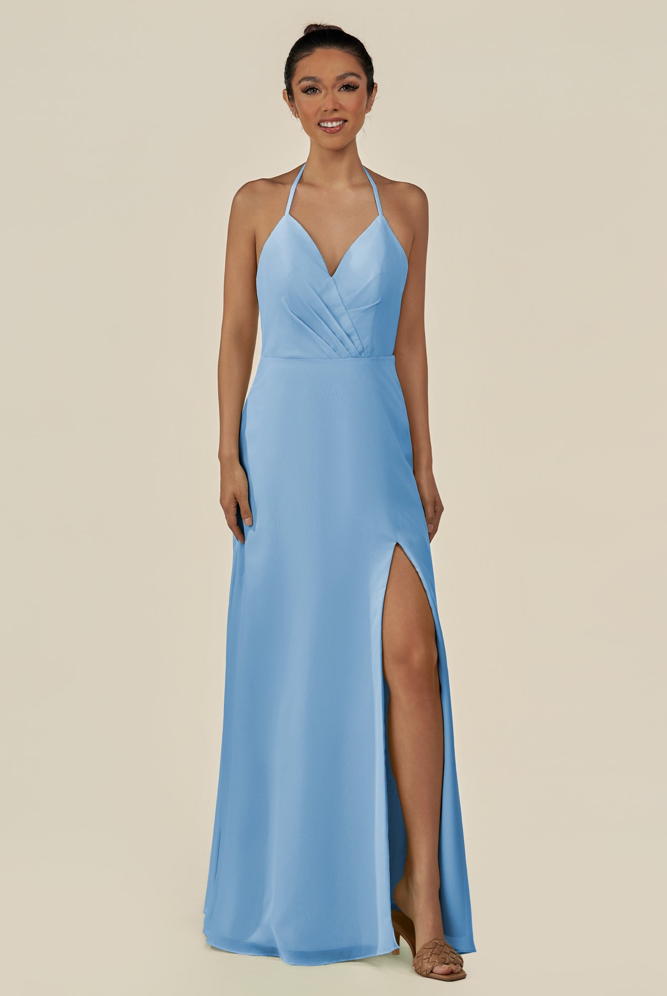 KissDress-Caris Steel Blue A Line Chiffon Halter Neck Pleated Long Bridesmaid Dress with Slit
