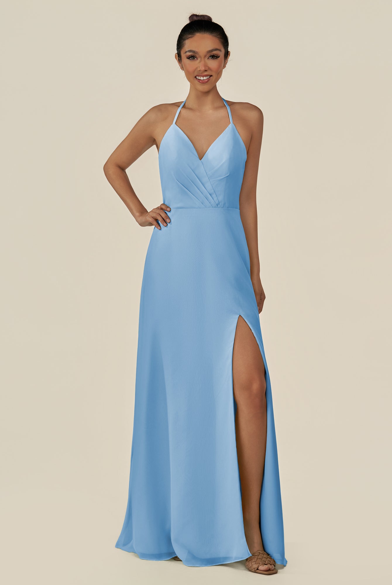 KissDress-Caris Steel Blue A Line Chiffon Halter Neck Pleated Long Bridesmaid Dress with Slit