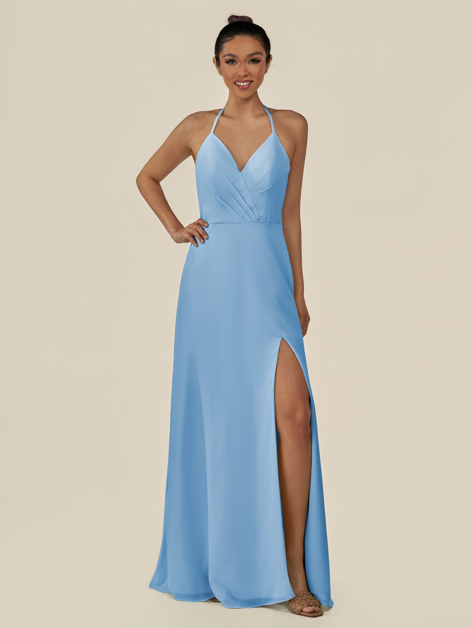 KissDress-Caris Steel Blue A Line Chiffon Halter Neck Pleated Long Bridesmaid Dress with Slit