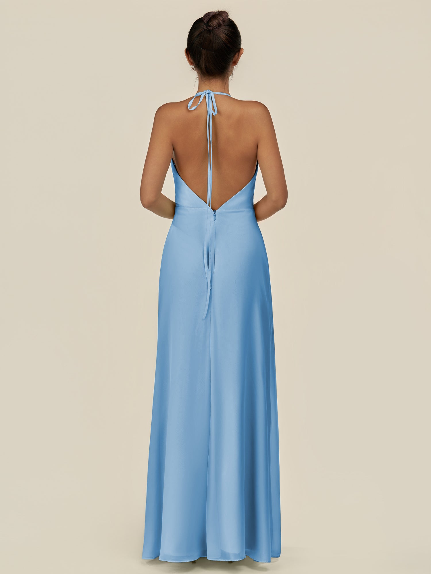 KissDress-Caris Steel Blue A Line Chiffon Halter Neck Pleated Long Bridesmaid Dress with Slit