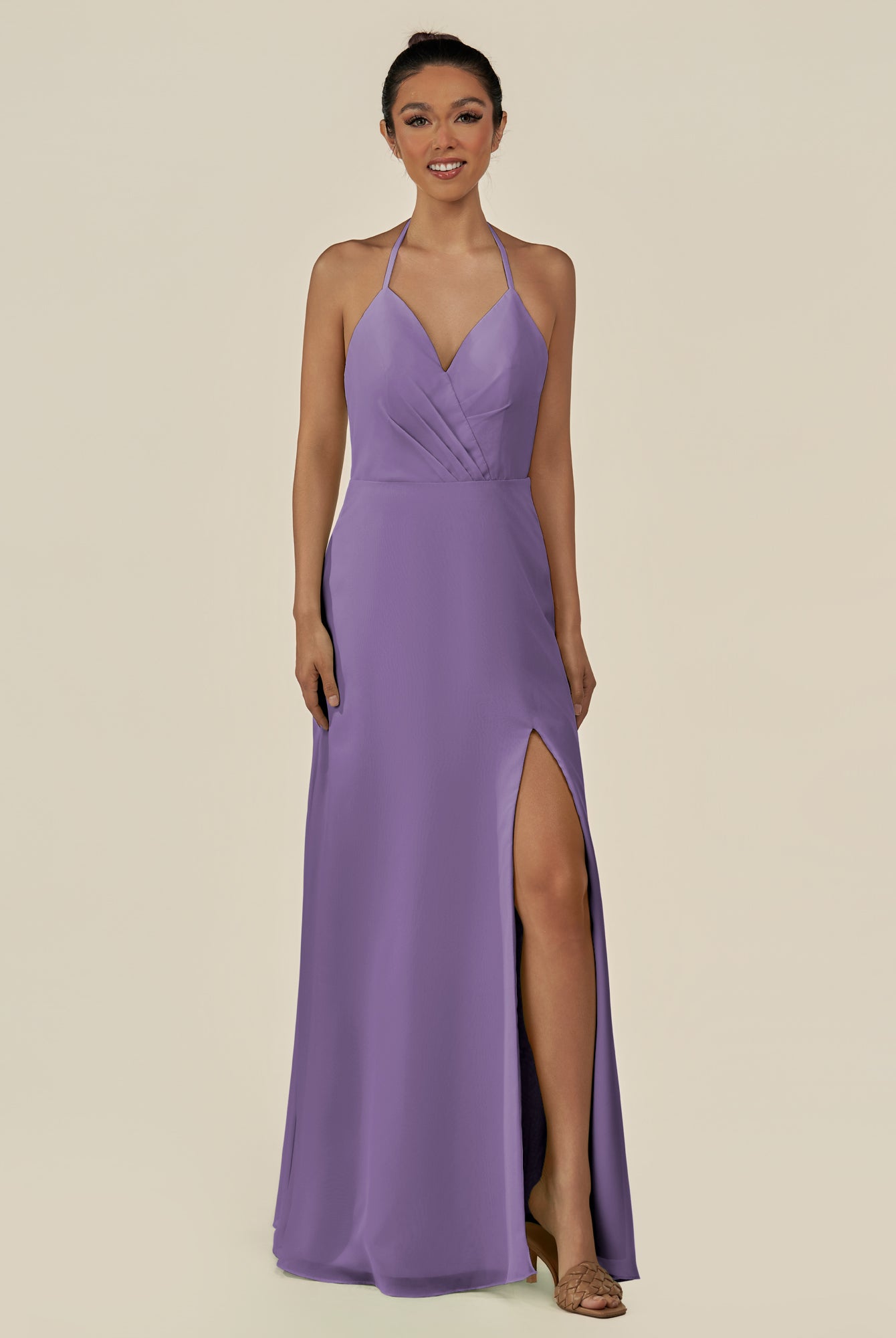KissDress-Caris Tahiti A Line Chiffon Halter Neck Pleated Long Bridesmaid Dress with Slit