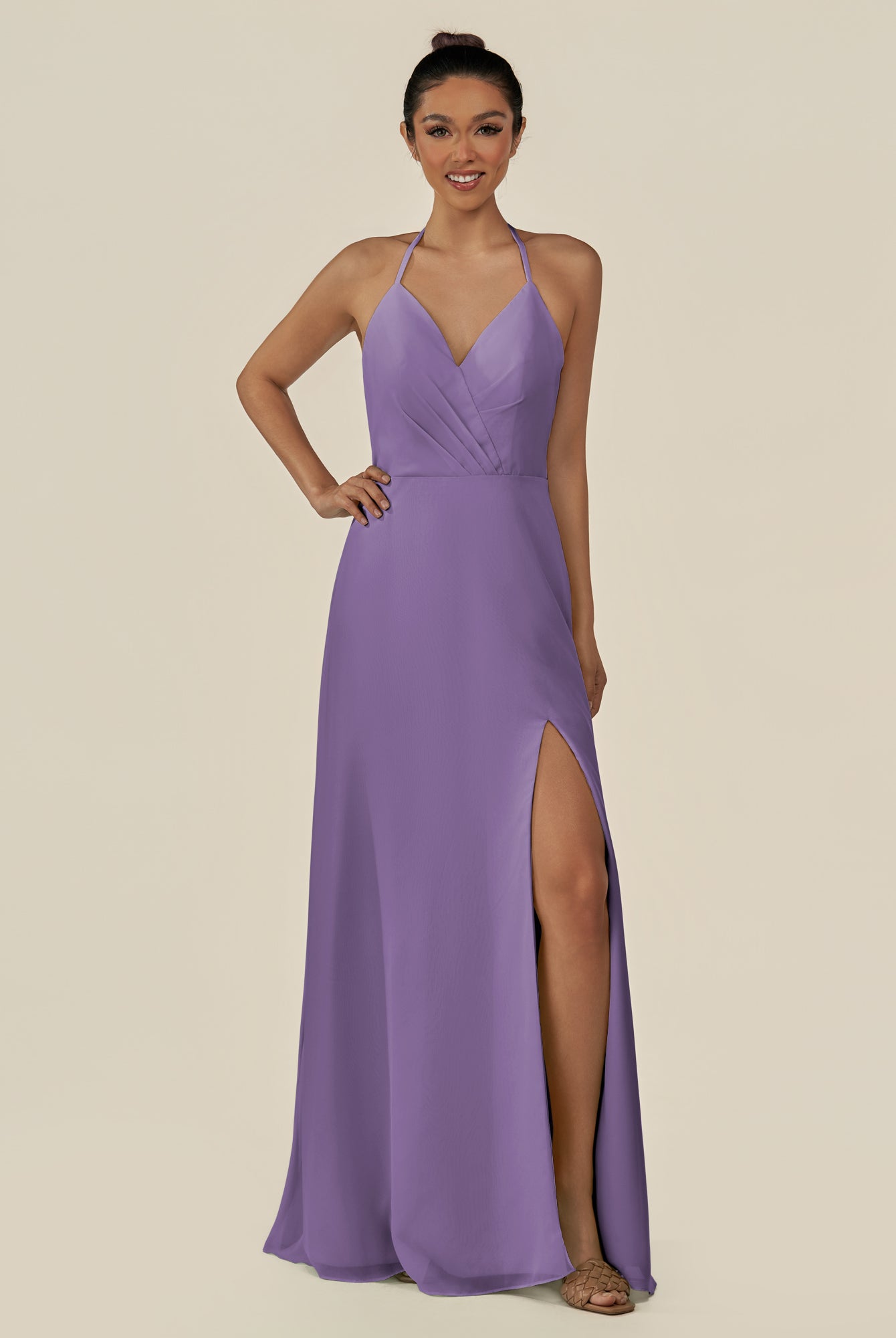 KissDress-Caris Tahiti A Line Chiffon Halter Neck Pleated Long Bridesmaid Dress with Slit