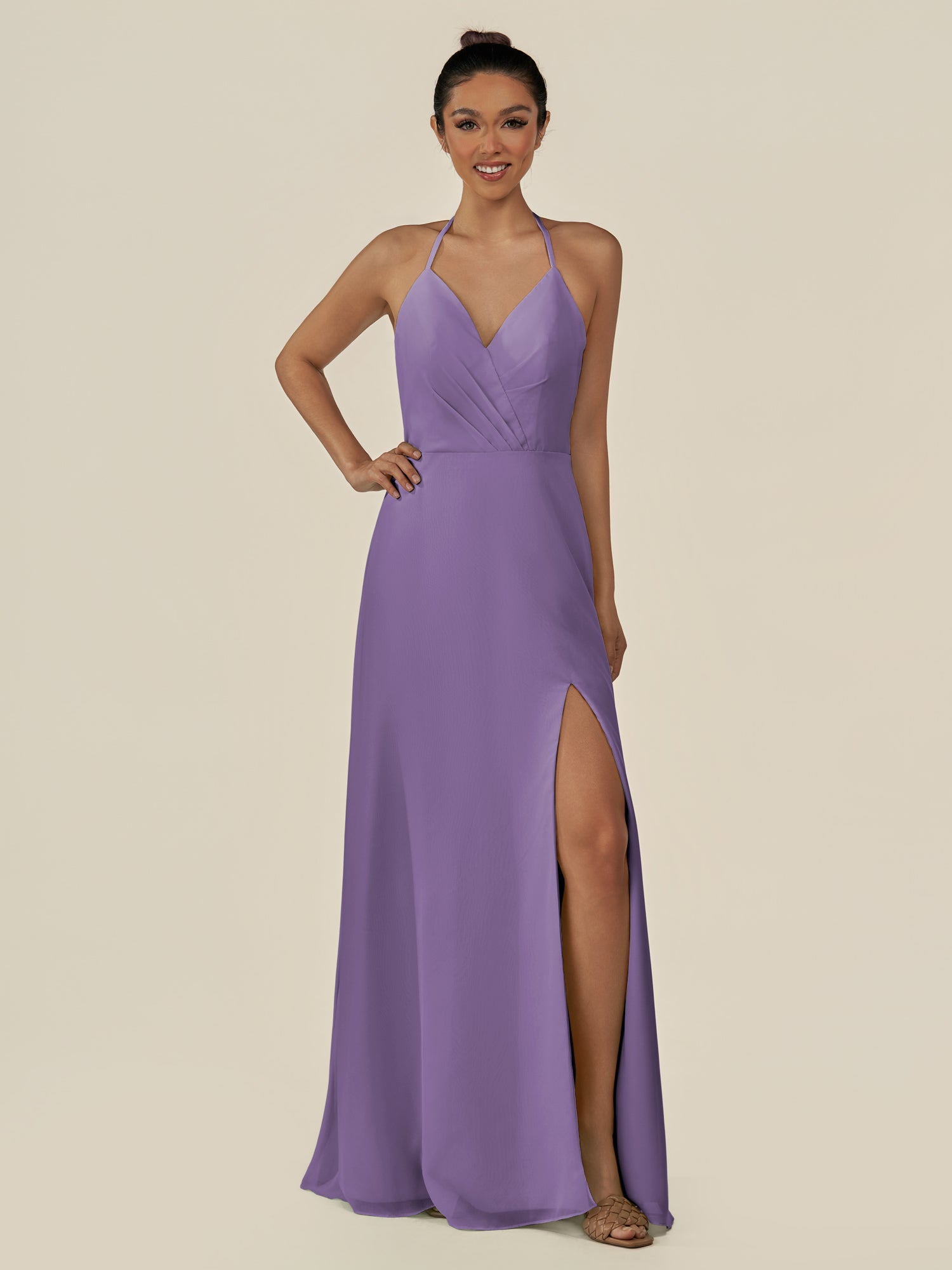 KissDress-Caris Tahiti A Line Chiffon Halter Neck Pleated Long Bridesmaid Dress with Slit