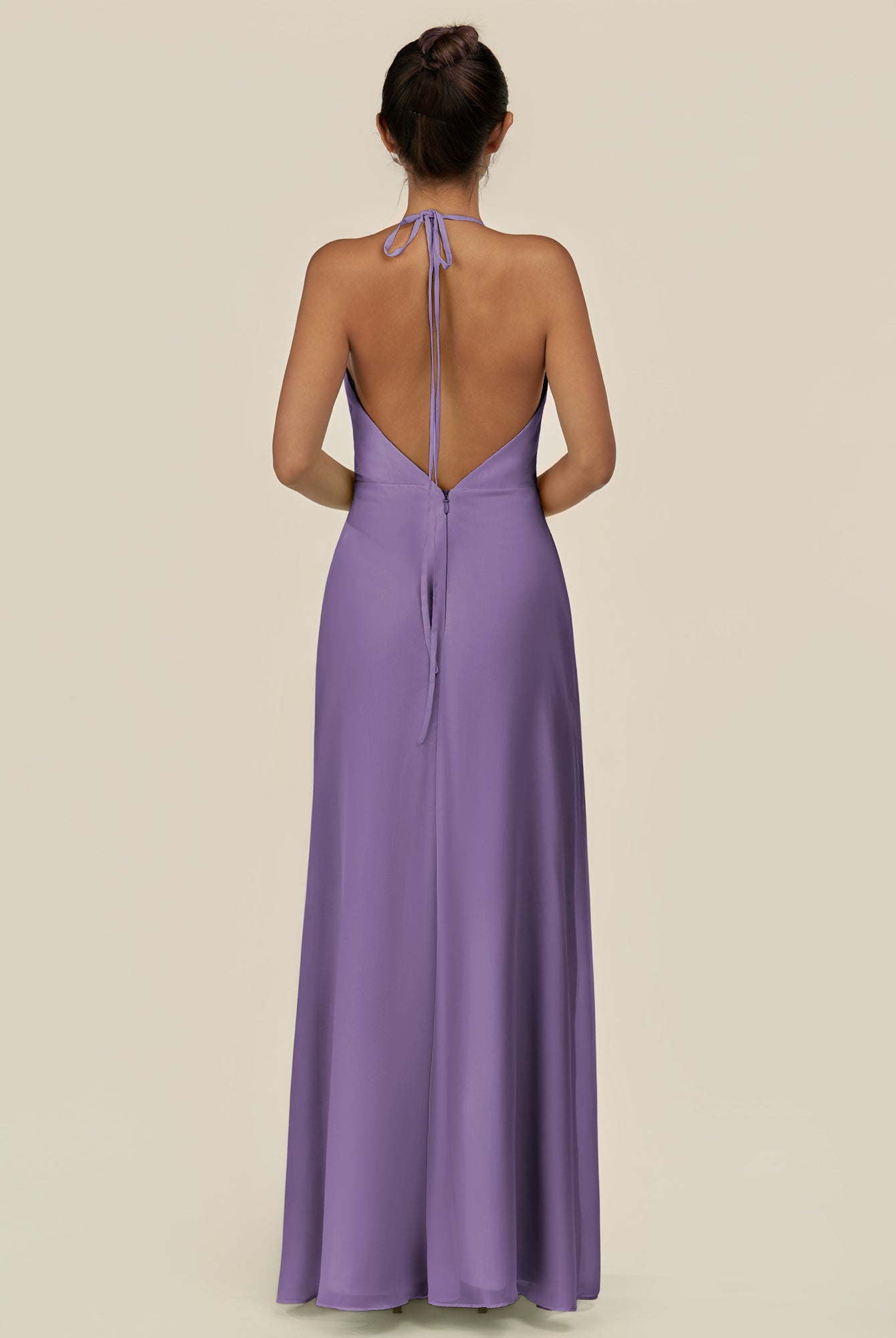 KissDress-Caris Tahiti A Line Chiffon Halter Neck Pleated Long Bridesmaid Dress with Slit