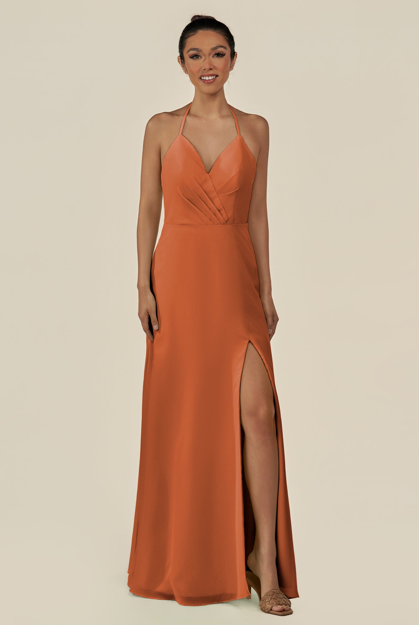 KissDress-Caris Terracotta A Line Chiffon Halter Neck Pleated Long Bridesmaid Dress with Slit
