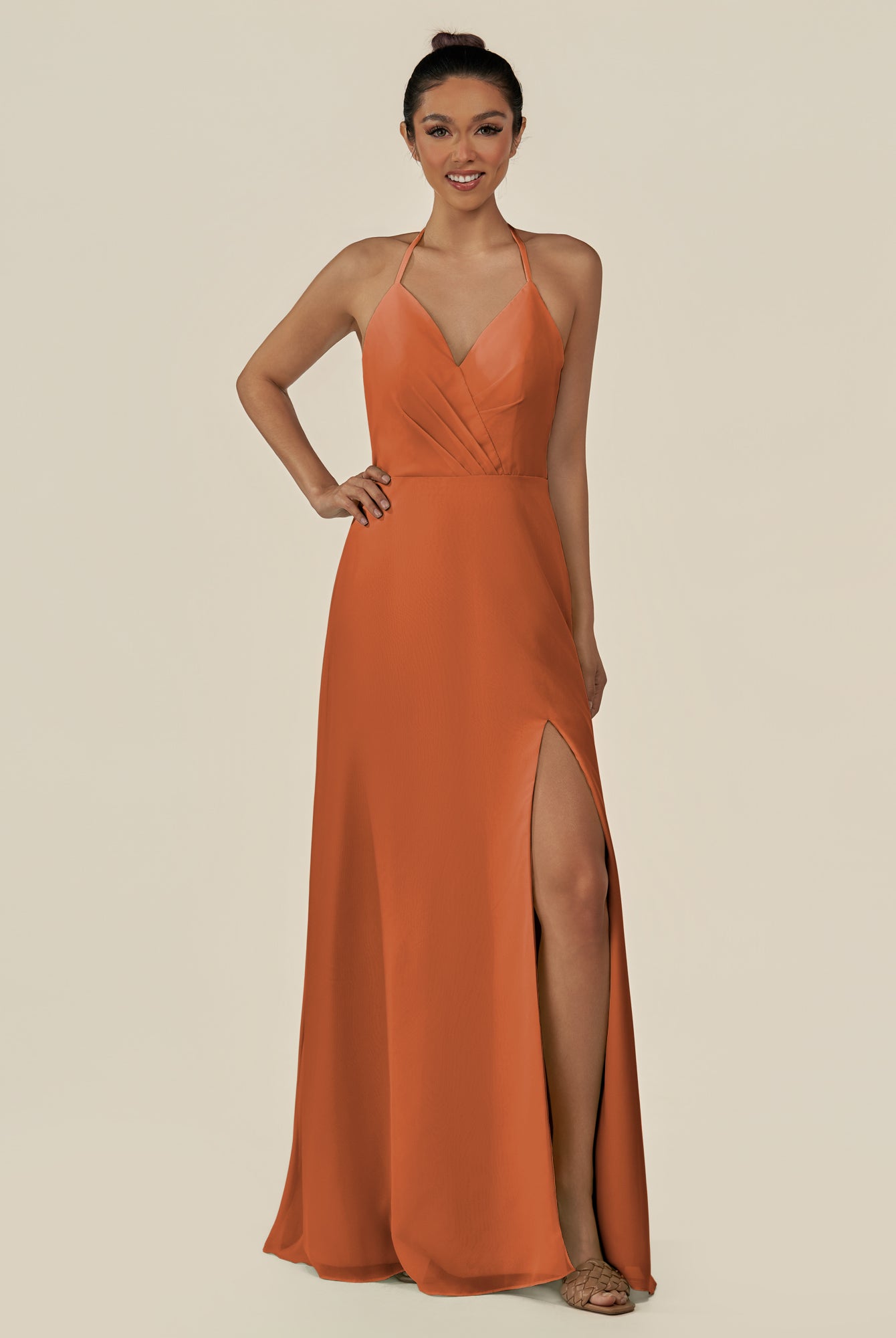 KissDress-Caris Terracotta A Line Chiffon Halter Neck Pleated Long Bridesmaid Dress with Slit