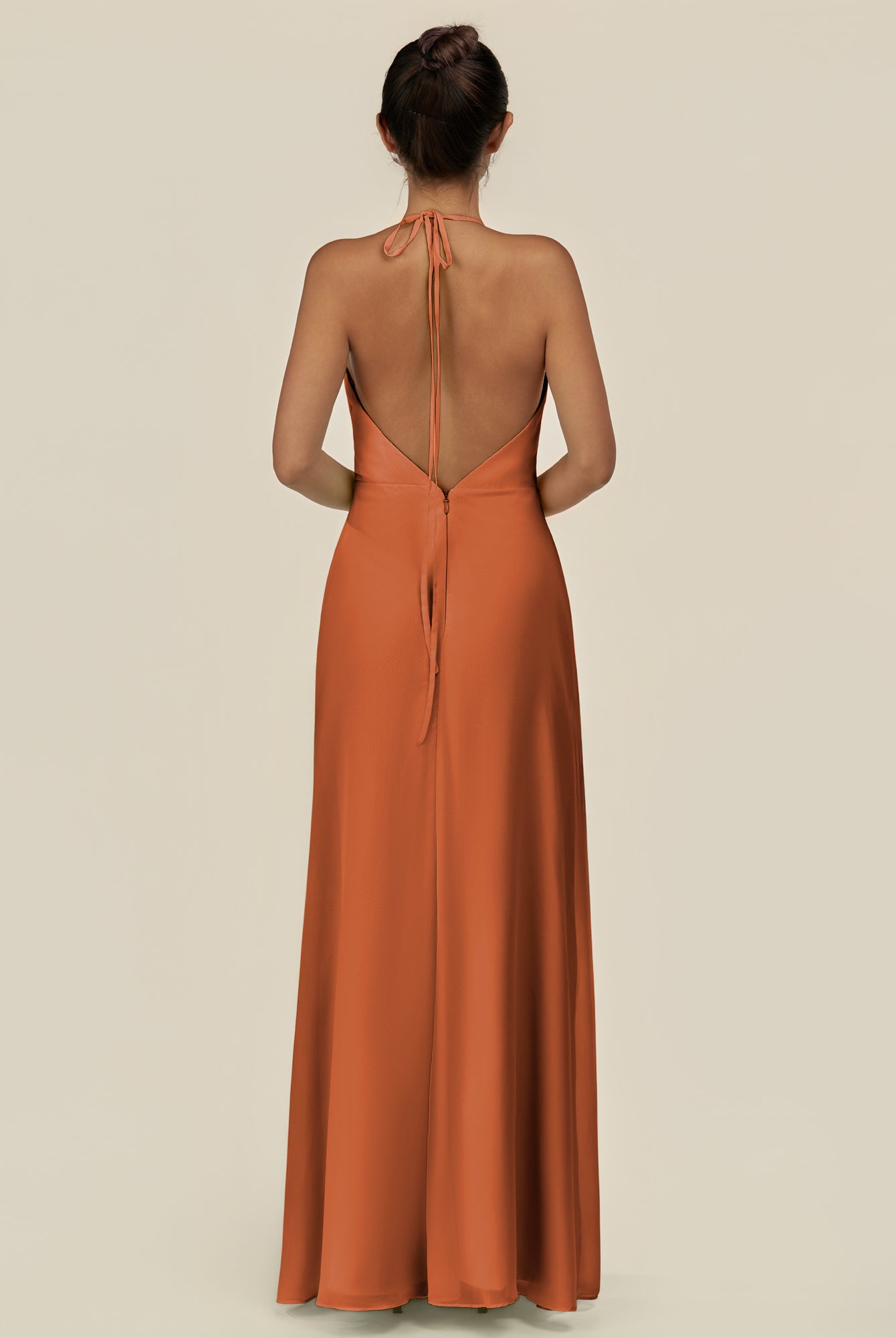 KissDress-Caris Terracotta A Line Chiffon Halter Neck Pleated Long Bridesmaid Dress with Slit