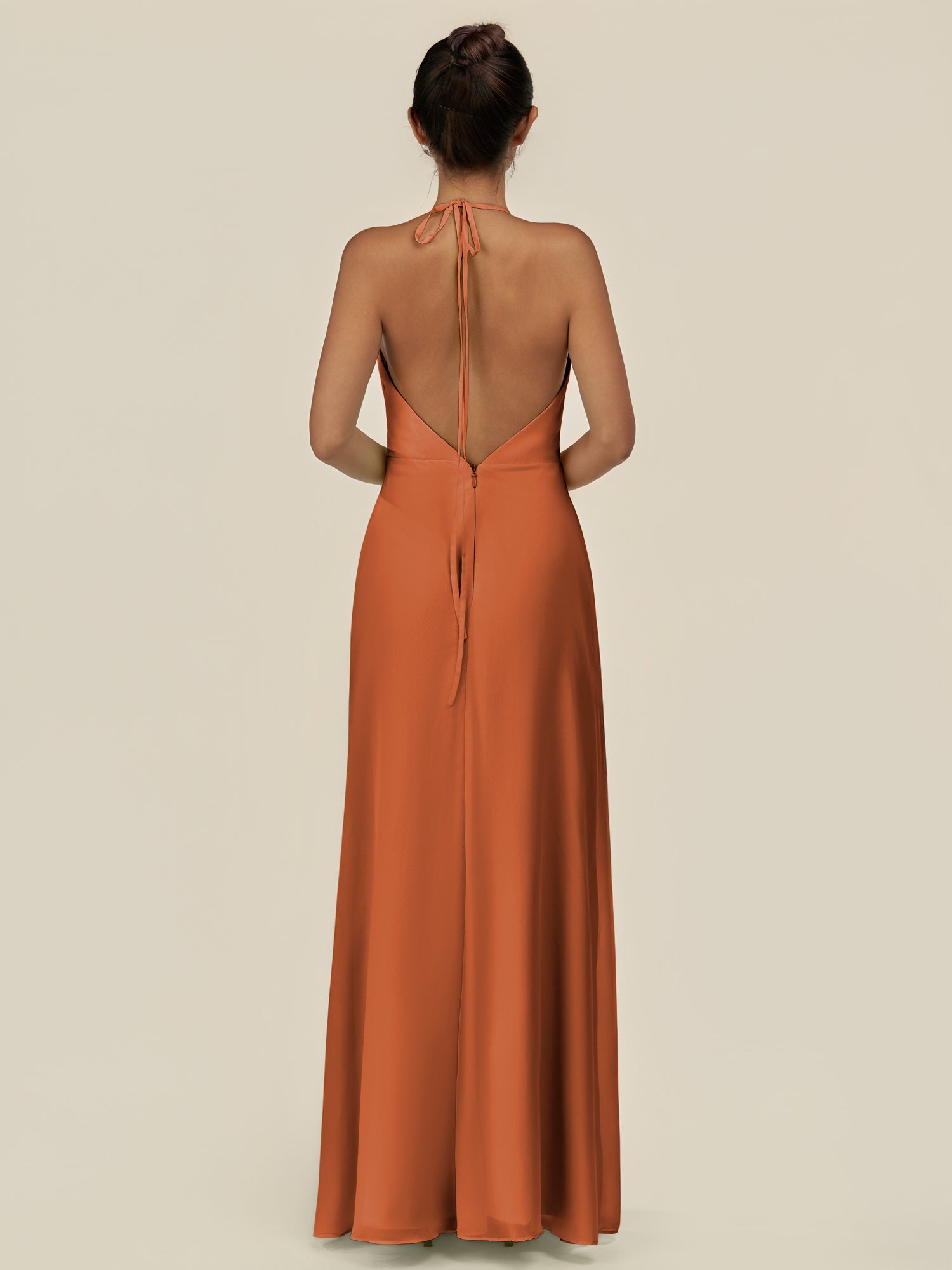 KissDress-Caris Terracotta A Line Chiffon Halter Neck Pleated Long Bridesmaid Dress with Slit