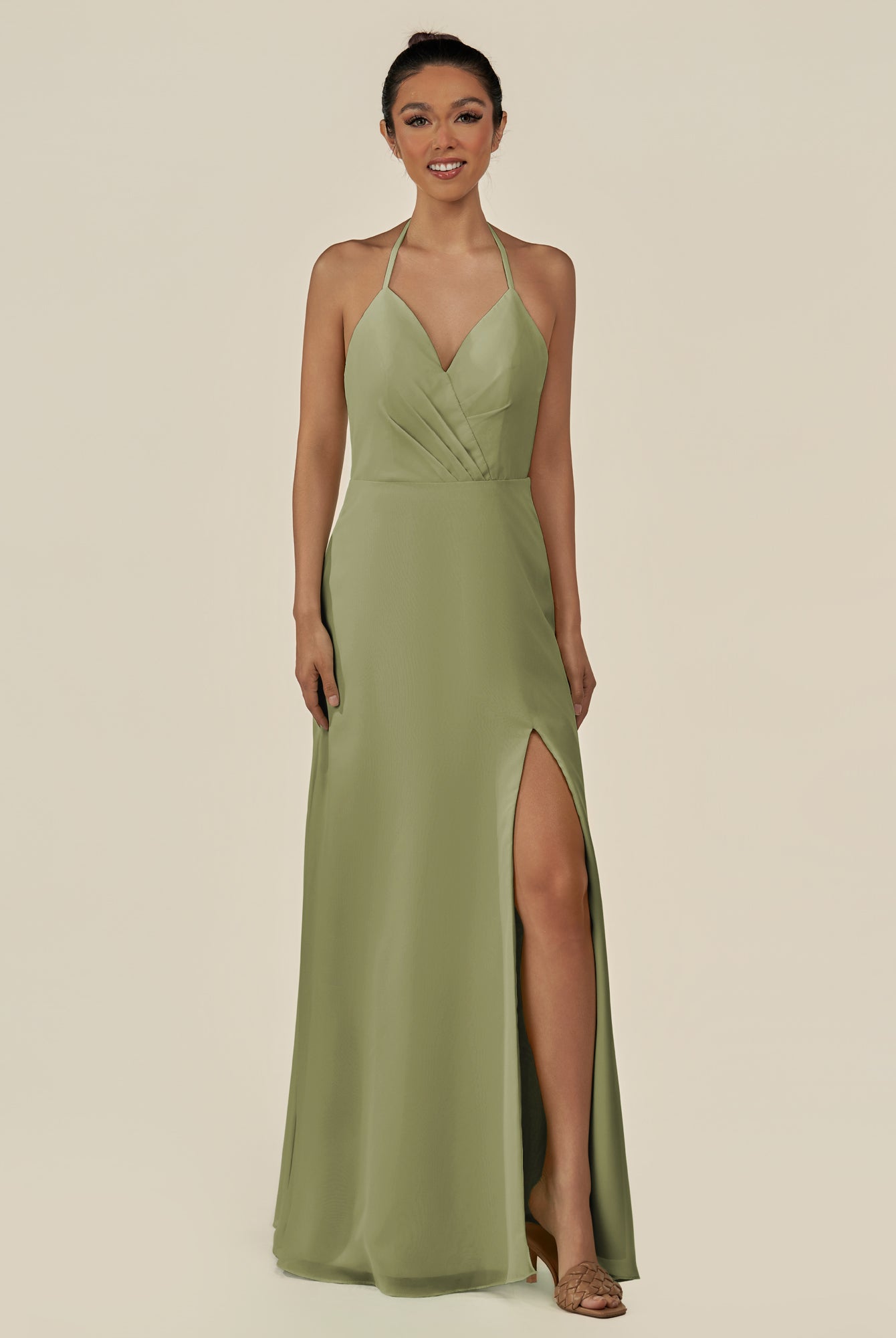 KissDress-Caris Thyme A Line Chiffon Halter Neck Pleated Long Bridesmaid Dress with Slit