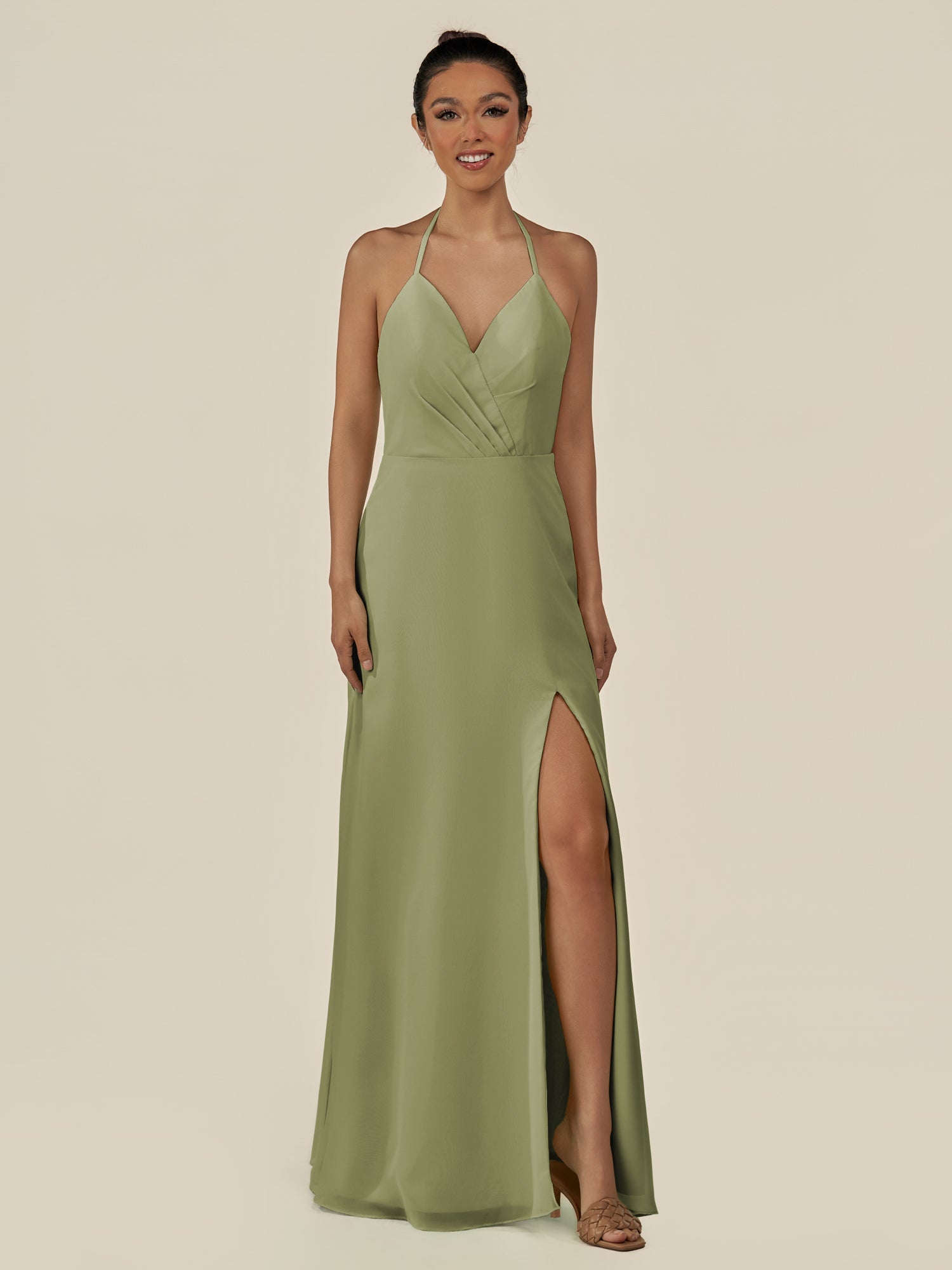 KissDress-Caris Thyme A Line Chiffon Halter Neck Pleated Long Bridesmaid Dress with Slit