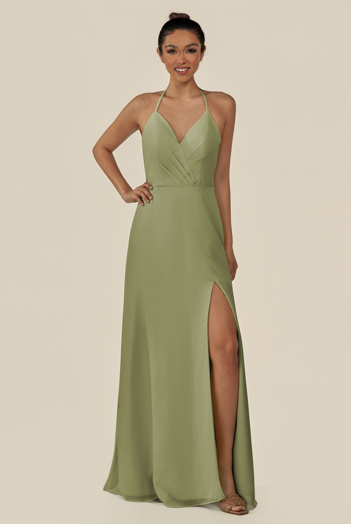 KissDress-Caris Thyme A Line Chiffon Halter Neck Pleated Long Bridesmaid Dress with Slit