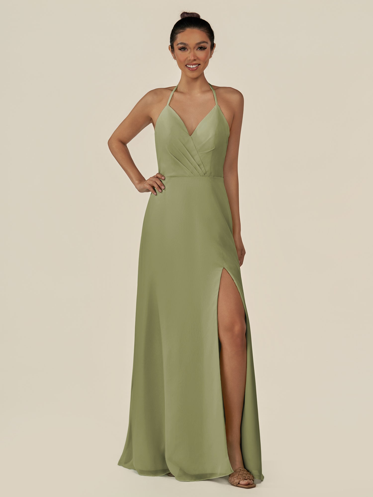 KissDress-Caris Thyme A Line Chiffon Halter Neck Pleated Long Bridesmaid Dress with Slit