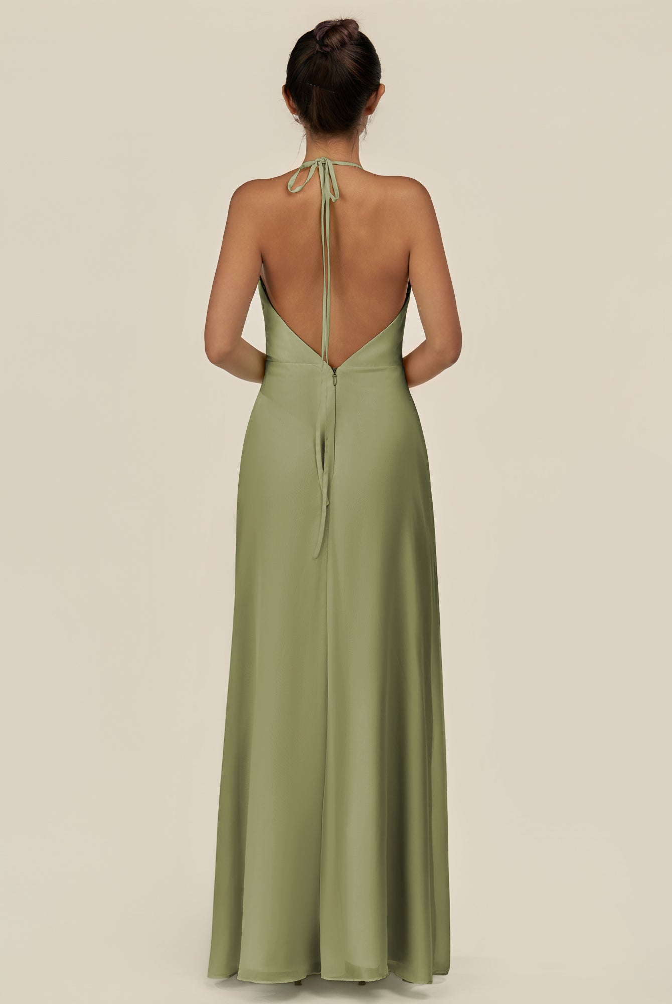KissDress-Caris Thyme A Line Chiffon Halter Neck Pleated Long Bridesmaid Dress with Slit