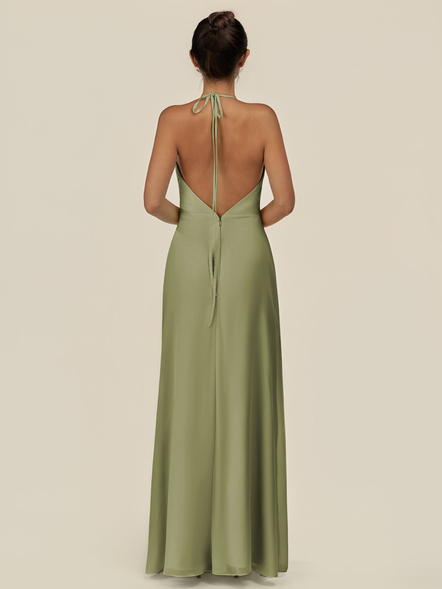 KissDress-Caris Thyme A Line Chiffon Halter Neck Pleated Long Bridesmaid Dress with Slit