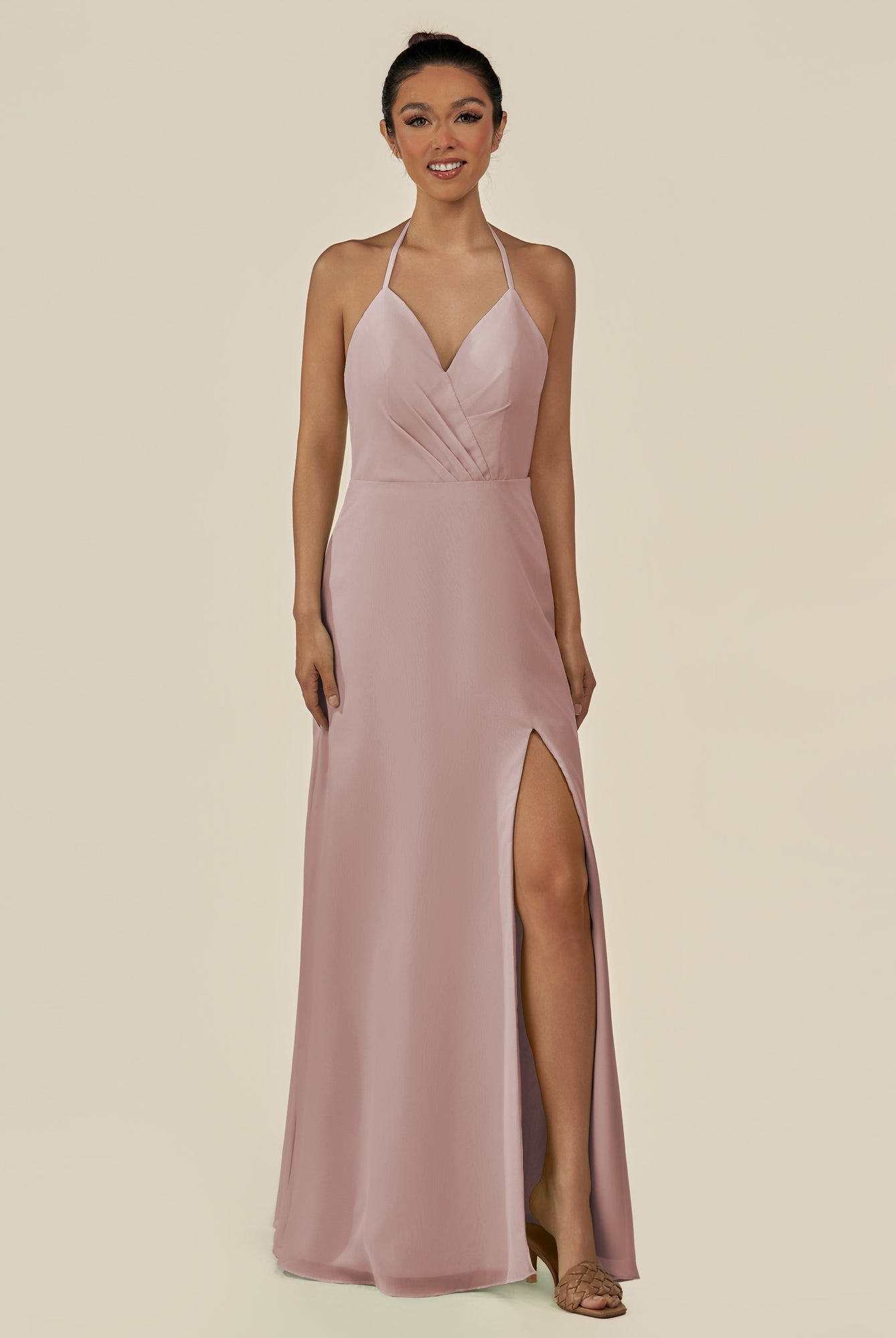 KissDress-Caris Toffee A Line Chiffon Halter Neck Pleated Long Bridesmaid Dress with Slit