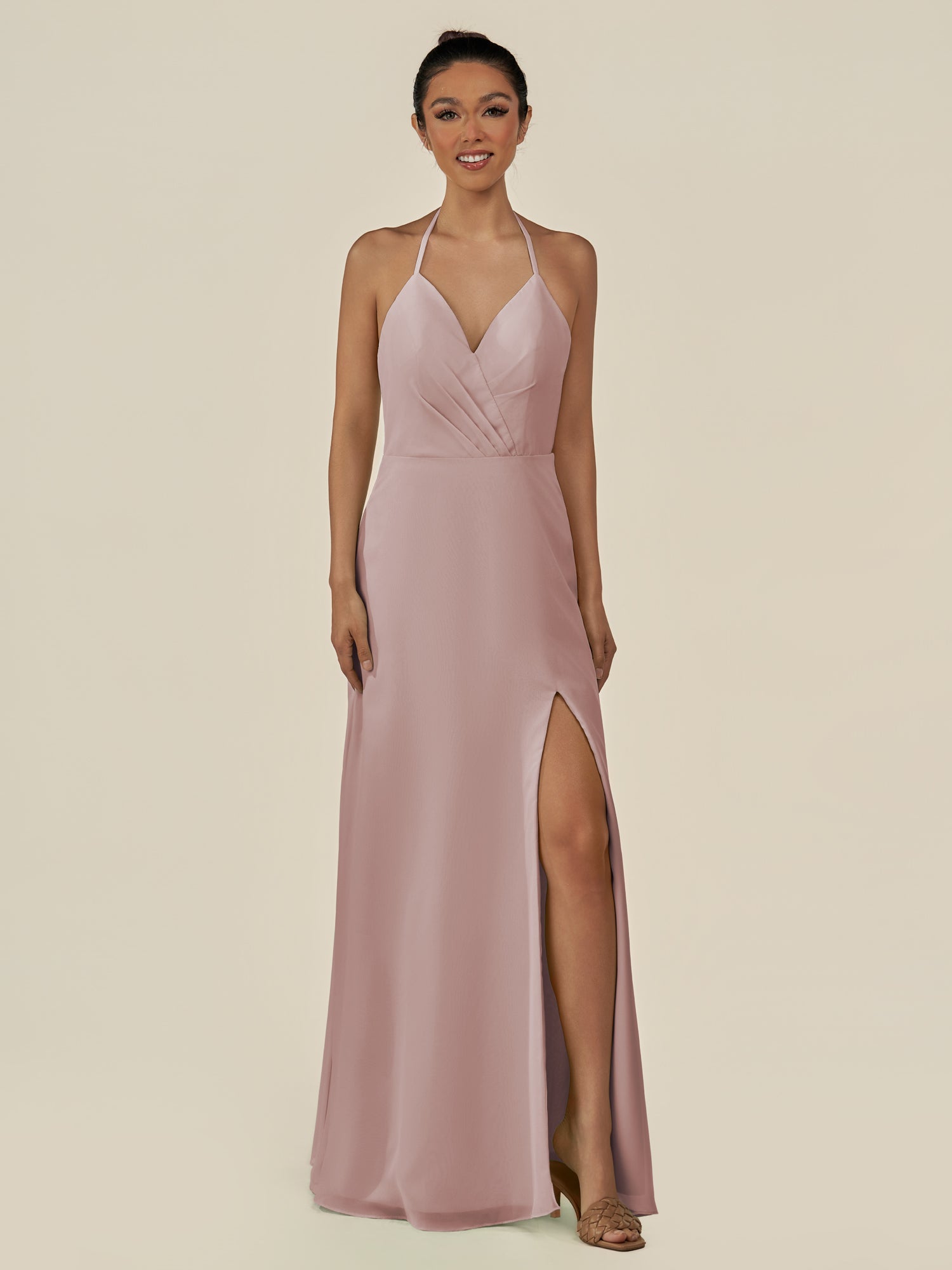 KissDress-Caris Toffee A Line Chiffon Halter Neck Pleated Long Bridesmaid Dress with Slit