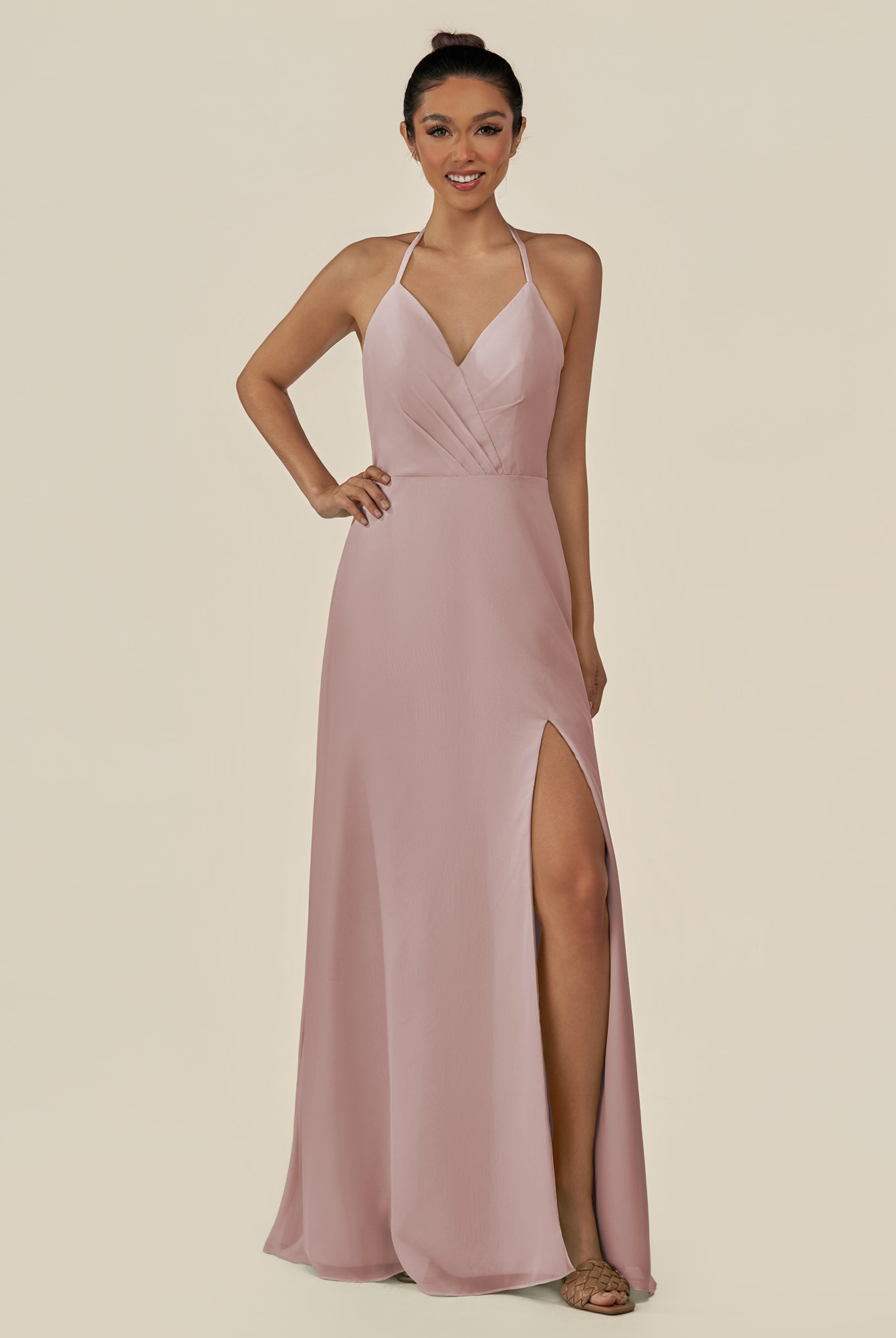 KissDress-Caris Toffee A Line Chiffon Halter Neck Pleated Long Bridesmaid Dress with Slit