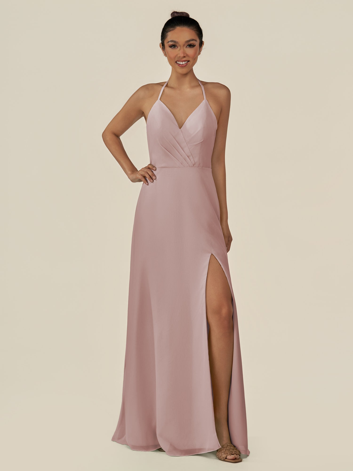 KissDress-Caris Toffee A Line Chiffon Halter Neck Pleated Long Bridesmaid Dress with Slit