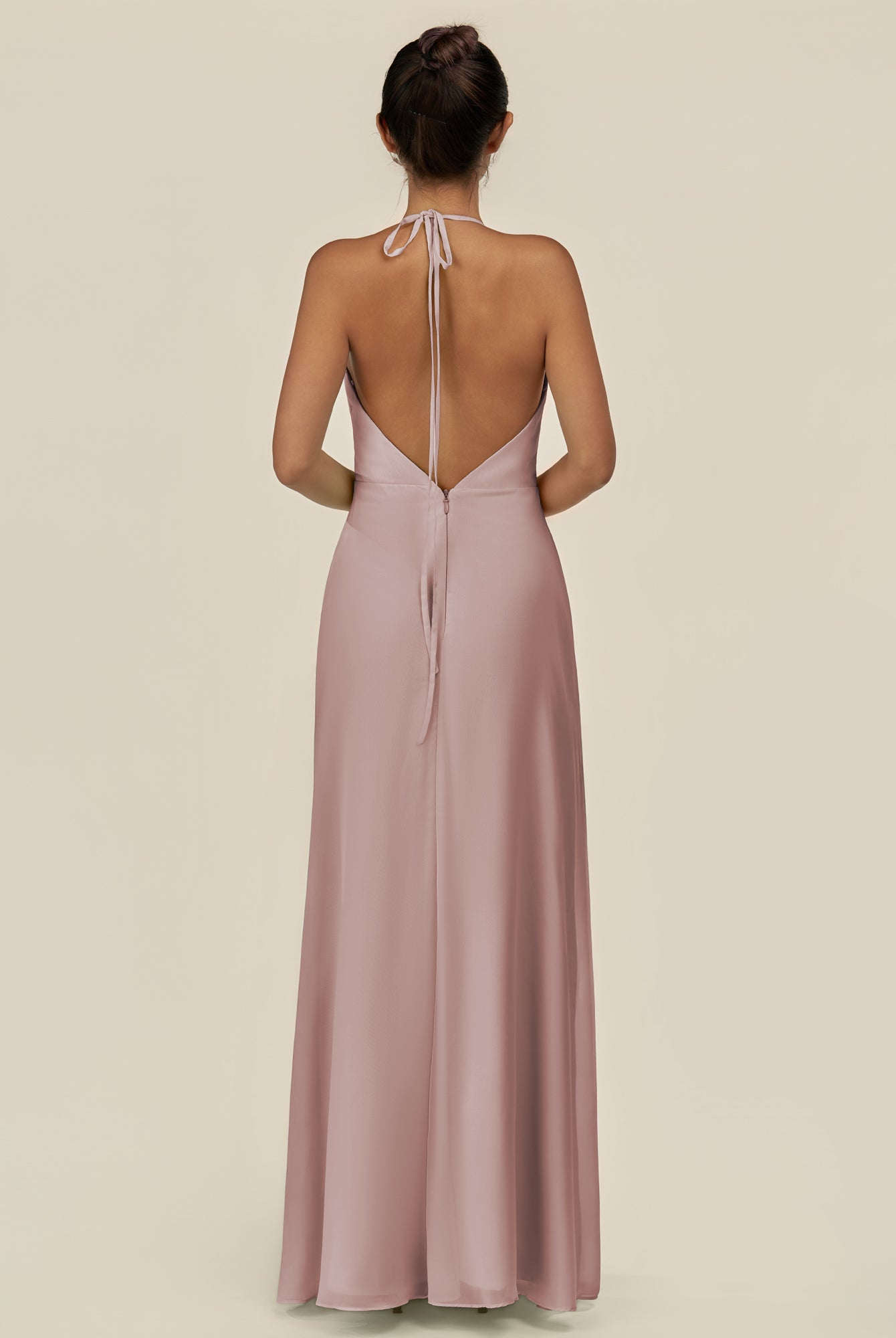 KissDress-Caris Toffee A Line Chiffon Halter Neck Pleated Long Bridesmaid Dress with Slit
