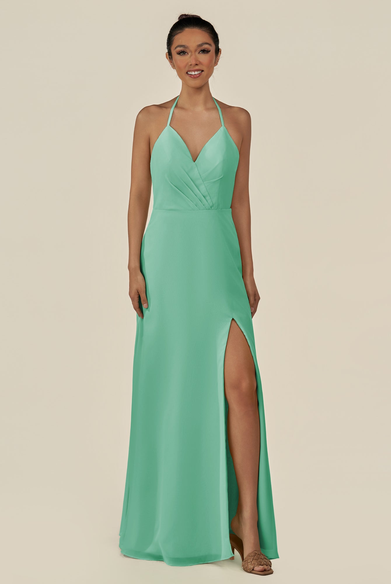KissDress-Caris Turquoise A Line Chiffon Halter Neck Pleated Long Bridesmaid Dress with Slit