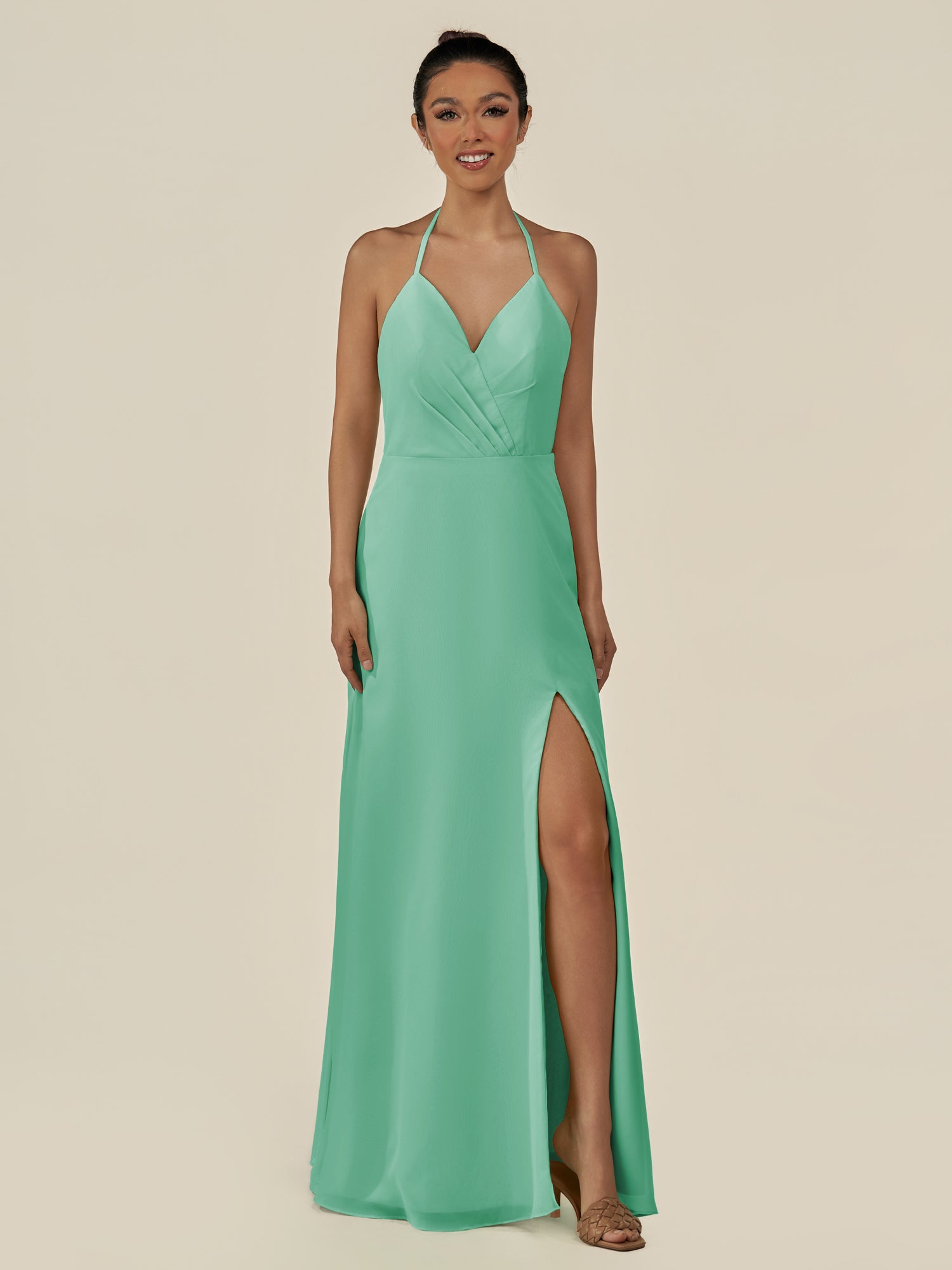 KissDress-Caris Turquoise A Line Chiffon Halter Neck Pleated Long Bridesmaid Dress with Slit