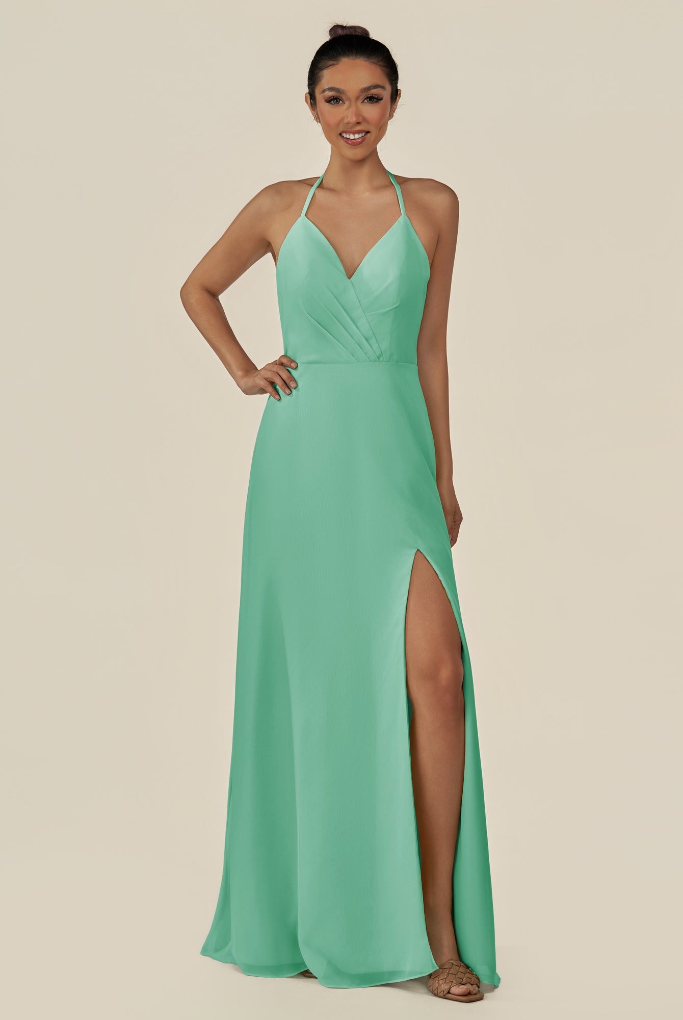 KissDress-Caris Turquoise A Line Chiffon Halter Neck Pleated Long Bridesmaid Dress with Slit