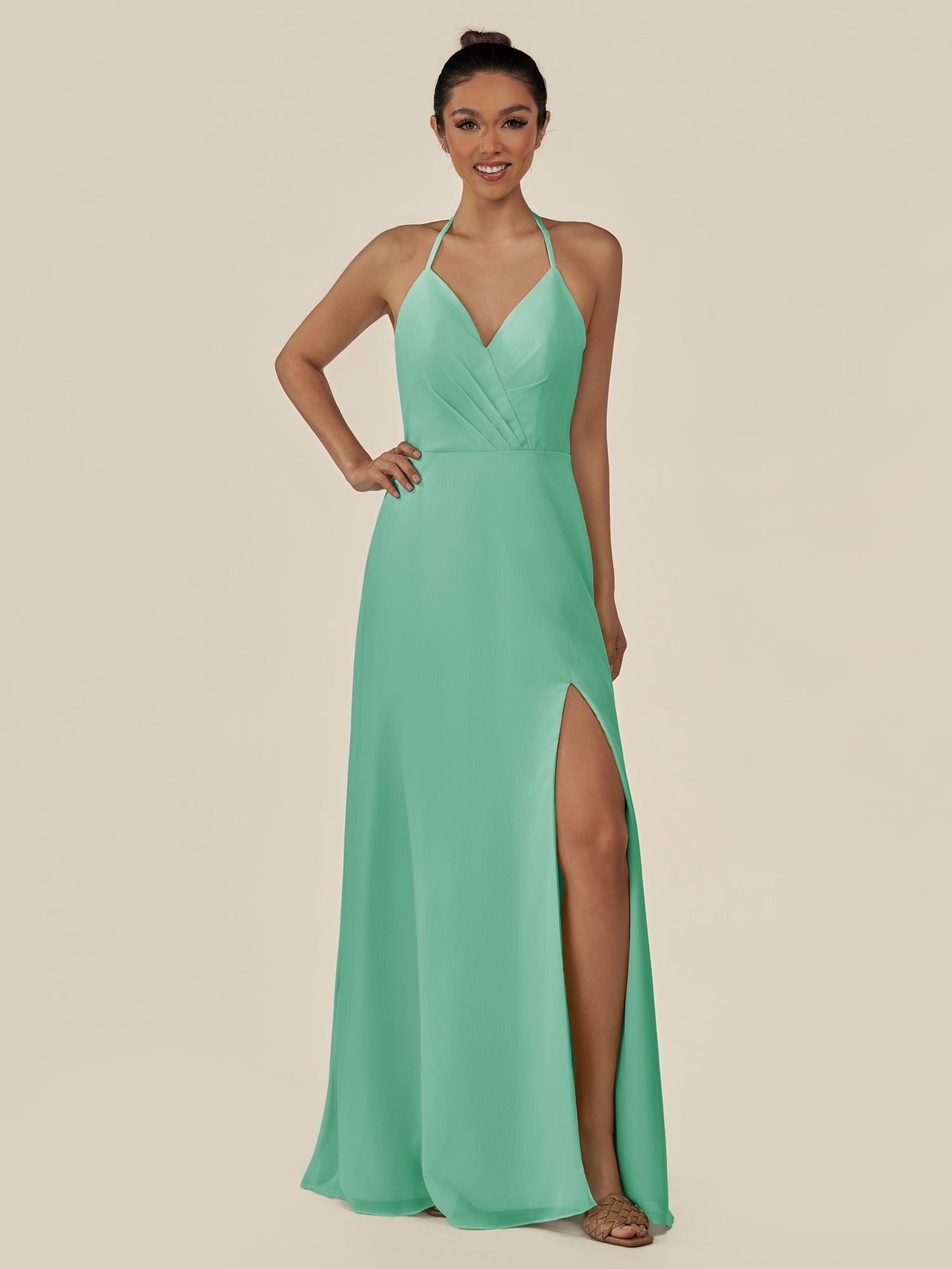 KissDress-Caris Turquoise A Line Chiffon Halter Neck Pleated Long Bridesmaid Dress with Slit