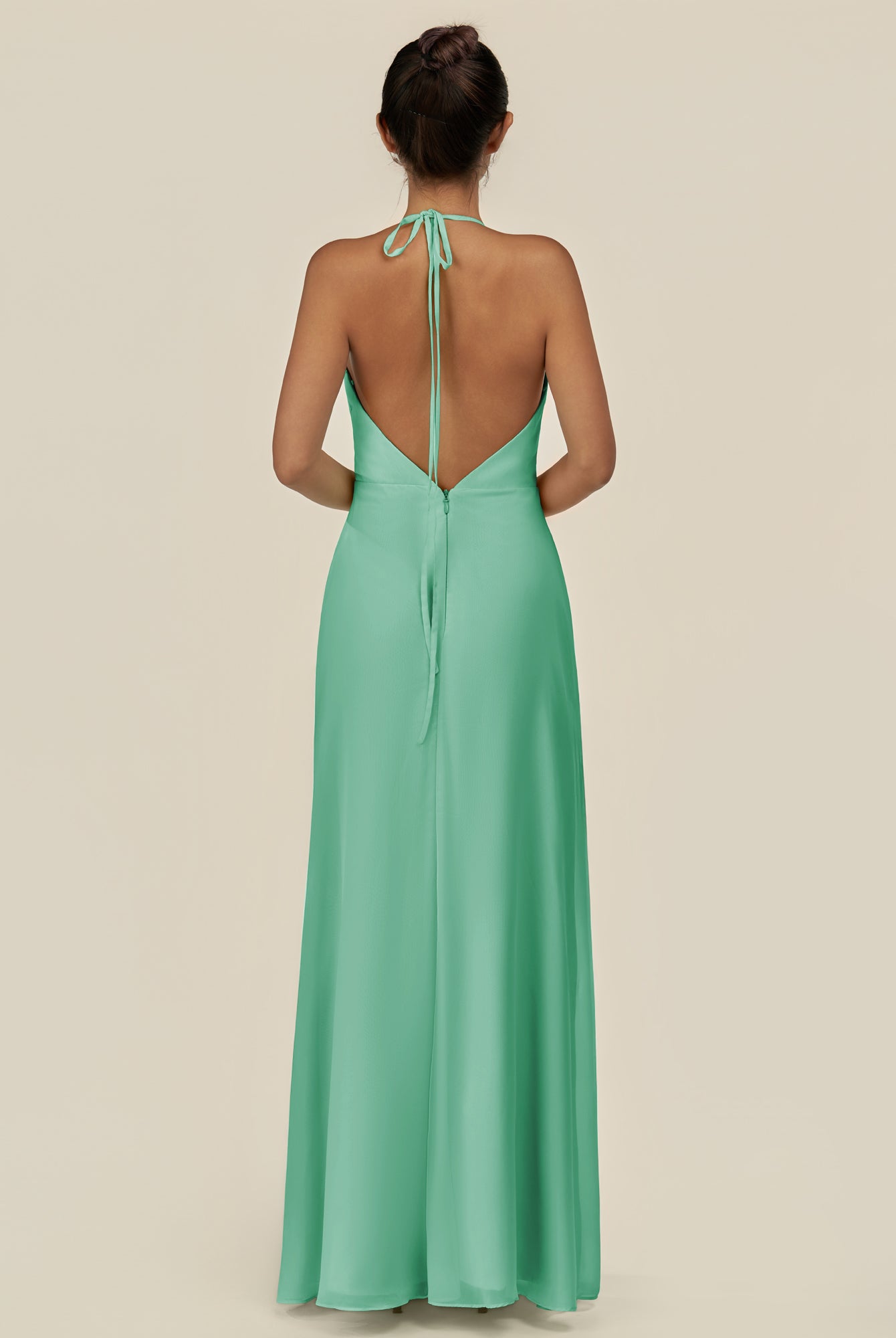 KissDress-Caris Turquoise A Line Chiffon Halter Neck Pleated Long Bridesmaid Dress with Slit