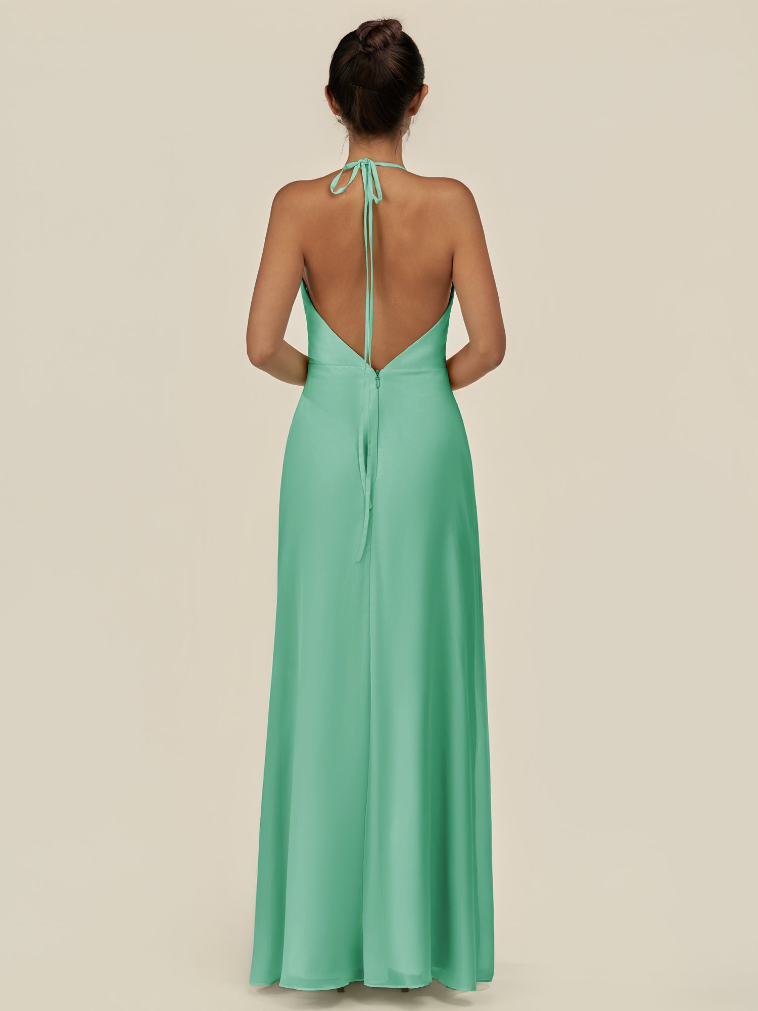 KissDress-Caris Turquoise A Line Chiffon Halter Neck Pleated Long Bridesmaid Dress with Slit