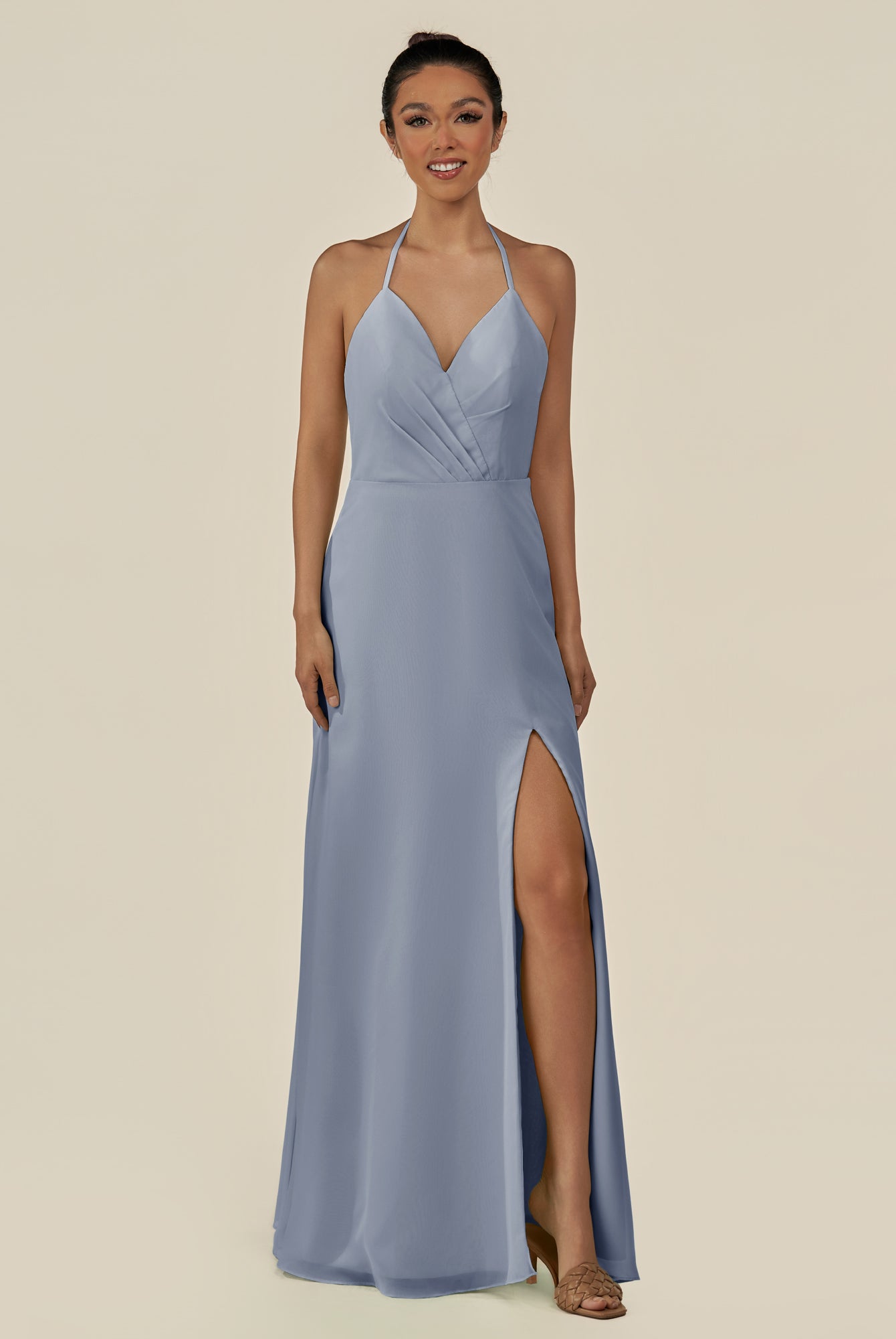 KissDress-Caris Twilight A Line Chiffon Halter Neck Pleated Long Bridesmaid Dress with Slit